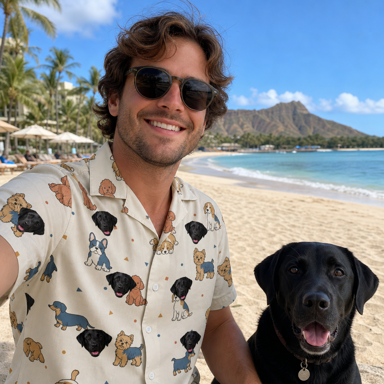 Selfie with the pet whose face is printed all over this Men's Woof Whimsy Custom Dog Face Hawaiian Shirt
