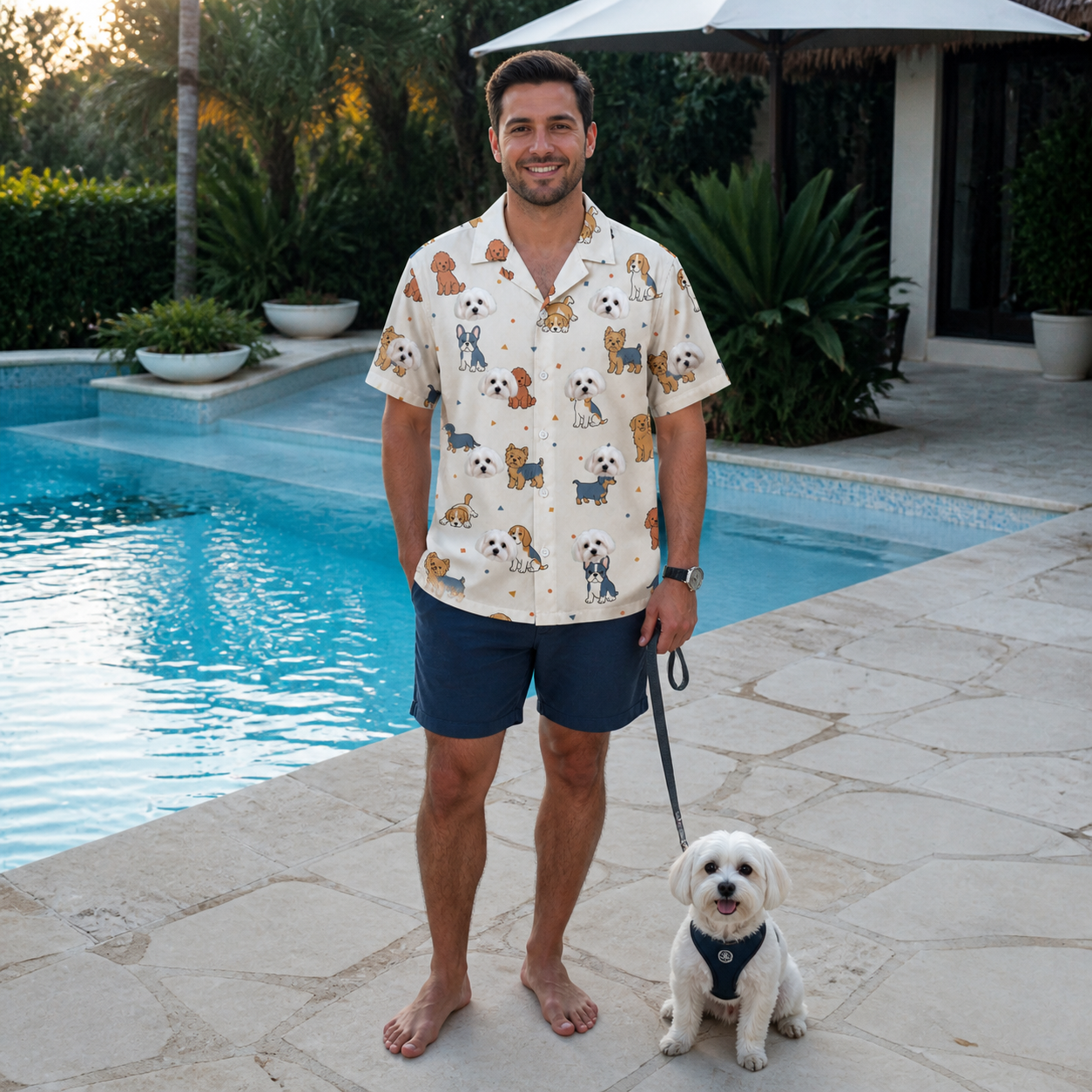 Full-length photo with the pet printed all over this Men's Woof Whimsy Custom Dog Face Hawaiian Shirt