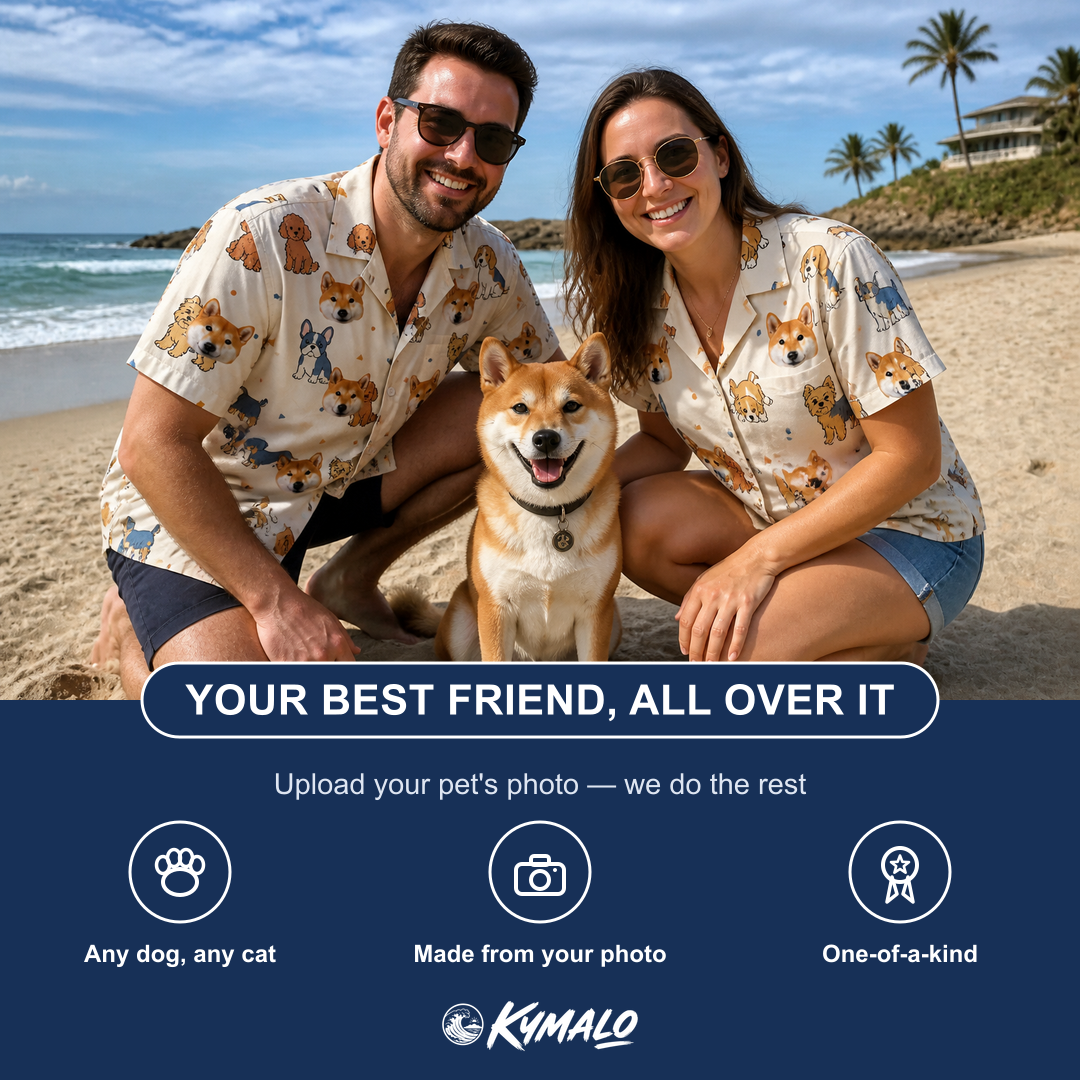 Friends in matching Men's Woof Whimsy Custom Dog Face Hawaiian Shirt — a group gift photo
