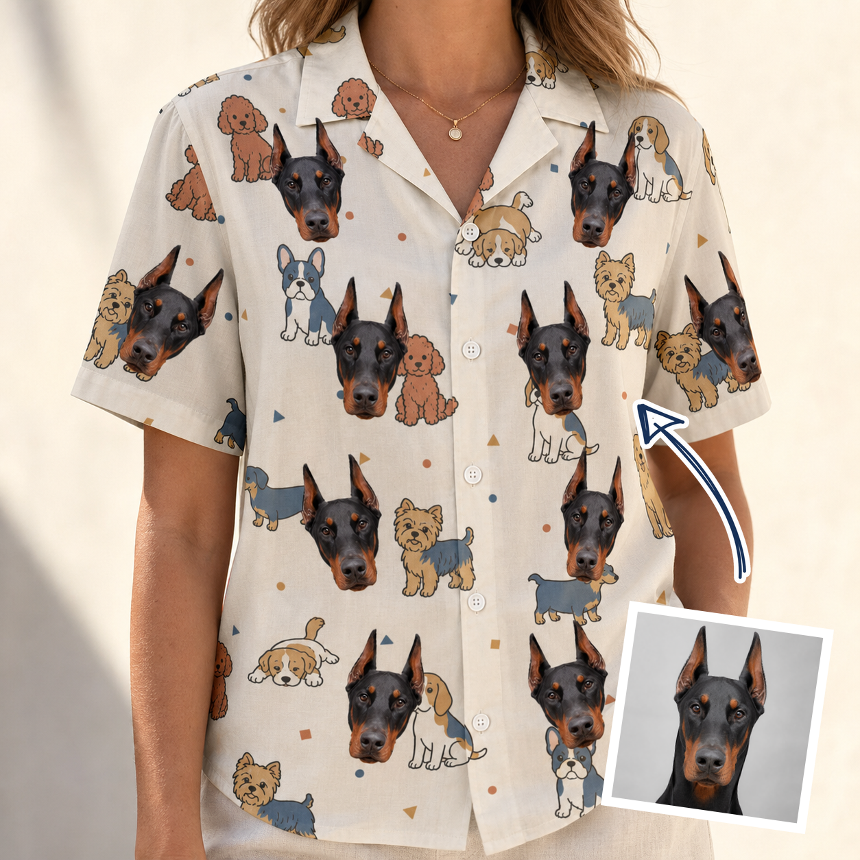 Woman wearing Women's Woof Whimsy Custom Dog Face Hawaiian Shirt — custom faces printed all-over