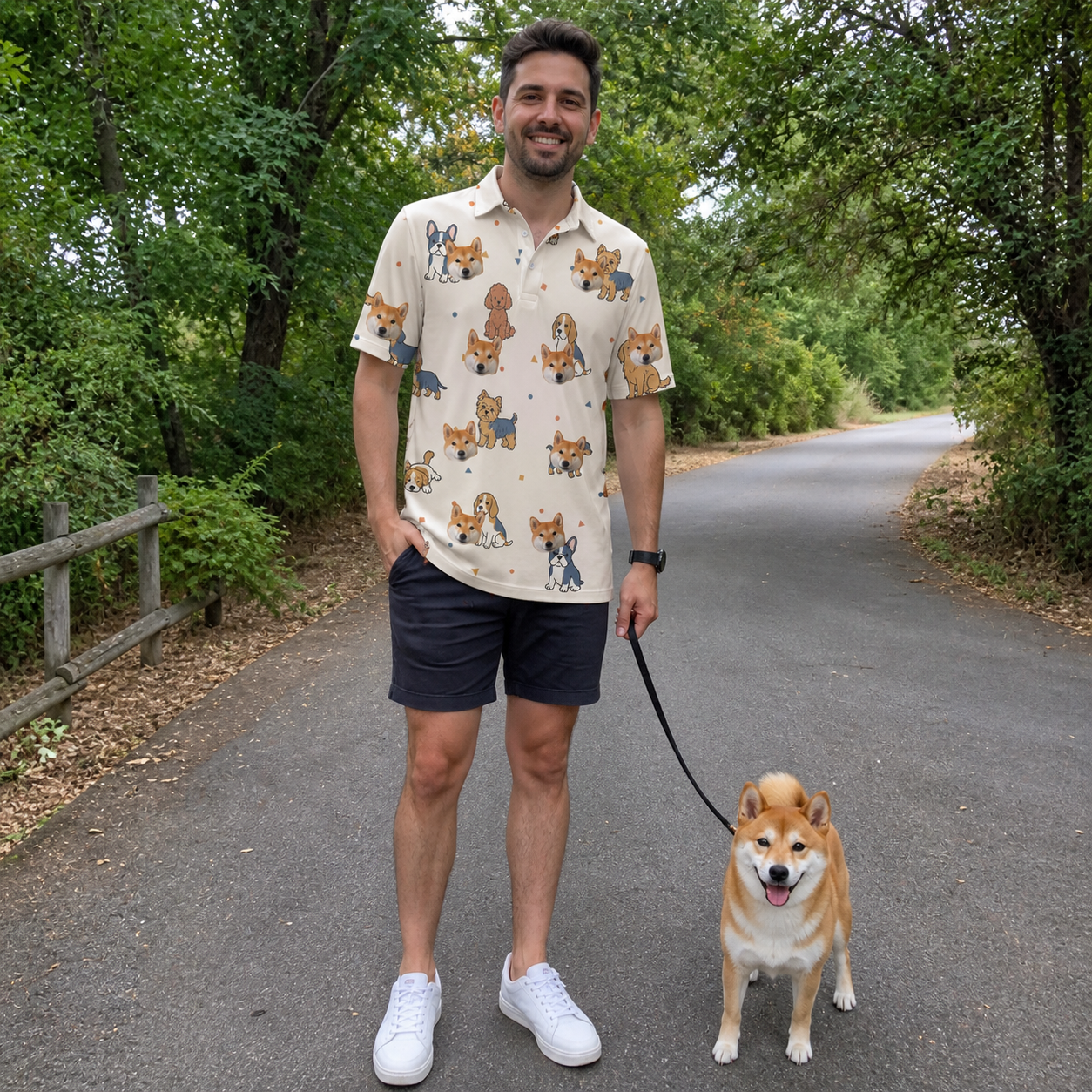 Full-length photo with the pet printed all over this Men's Woof Whimsy Custom Dog Face Polo Shirt