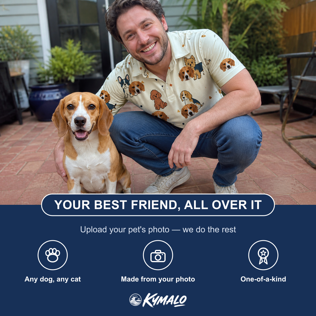 Friends in matching Men's Woof Whimsy Custom Dog Face Polo Shirt — a group gift photo