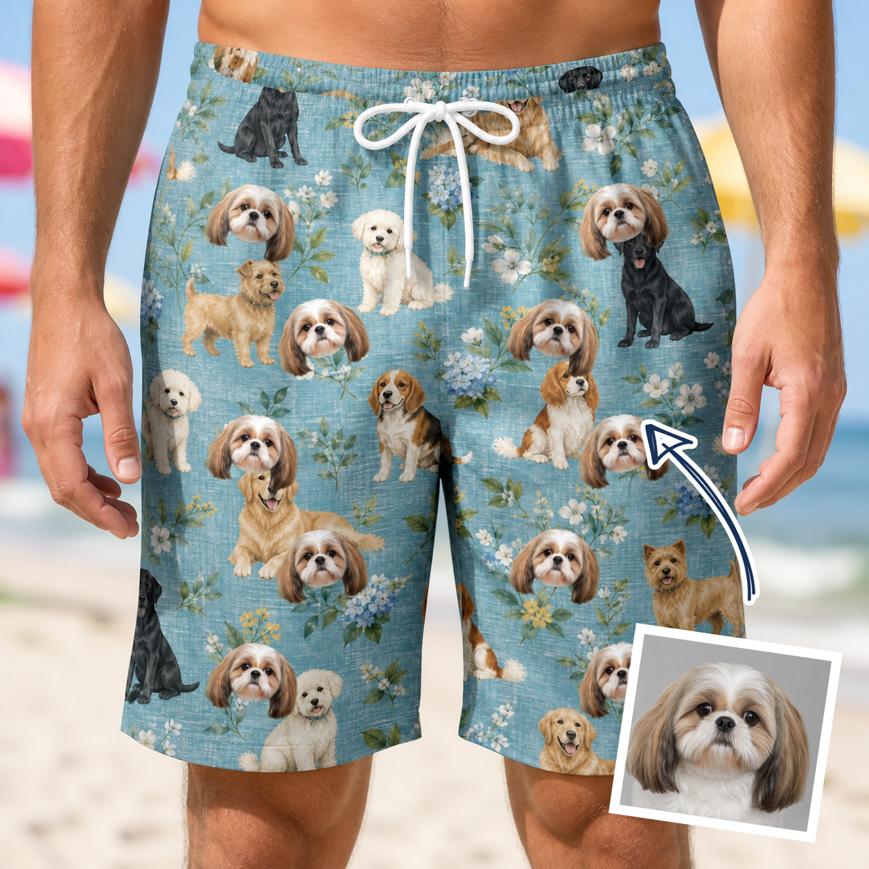 Man wearing Men's Doggone Doodles Custom Dog Face Beach Shorts — custom faces printed all-over