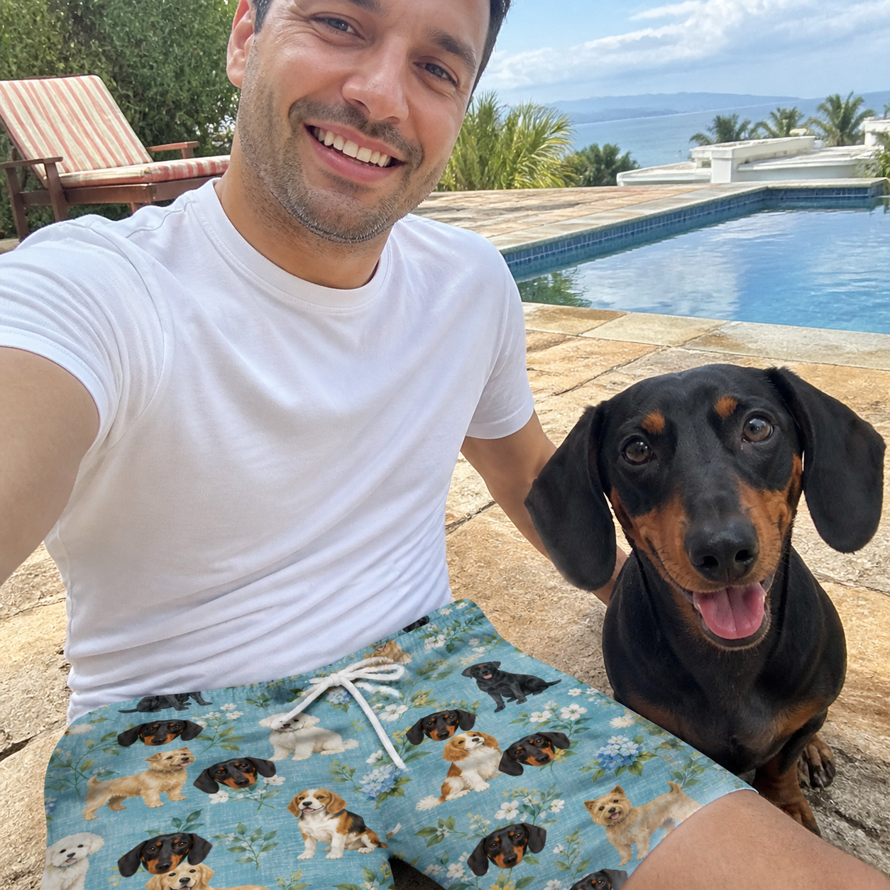 Selfie with the pet whose face is printed all over this Men's Doggone Doodles Custom Dog Face Beach Shorts