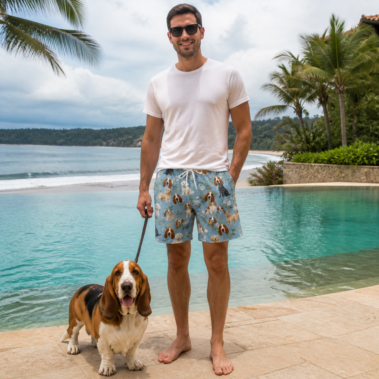 Full-length photo with the pet printed all over this Men's Doggone Doodles Custom Dog Face Beach Shorts
