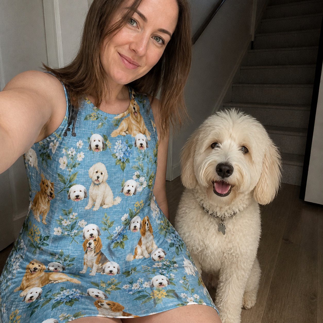 Selfie with the pet whose face is printed all over this Women's Doggone Doodles Custom Dog Face Tank Dress