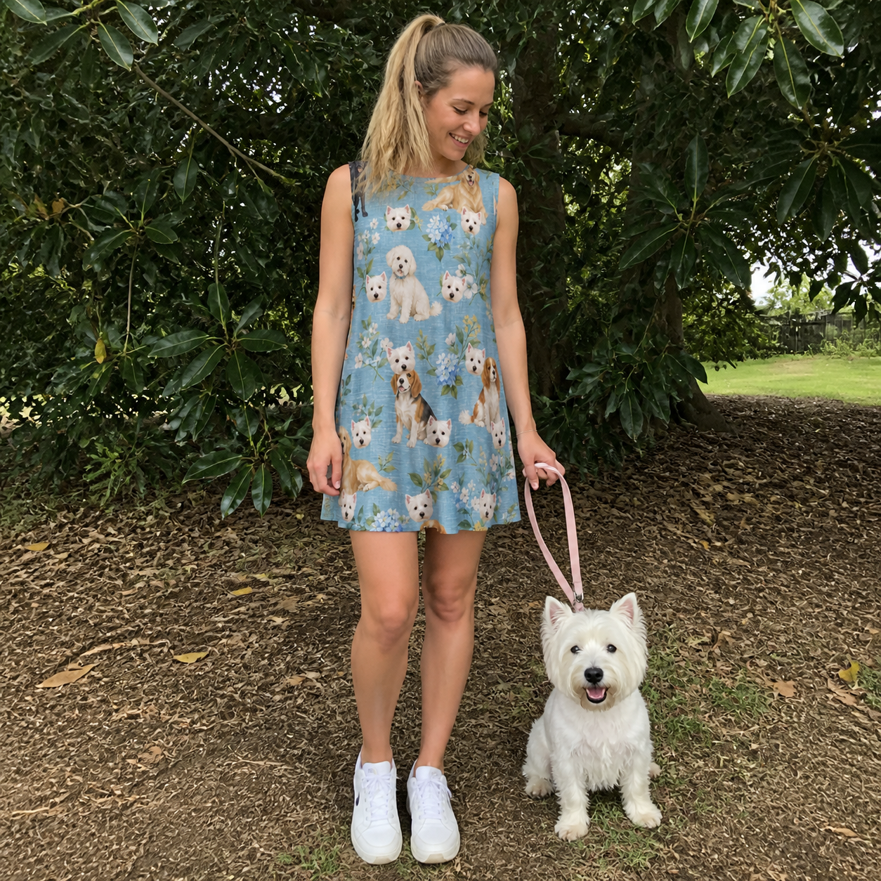 Full-length photo with the pet printed all over this Women's Doggone Doodles Custom Dog Face Tank Dress