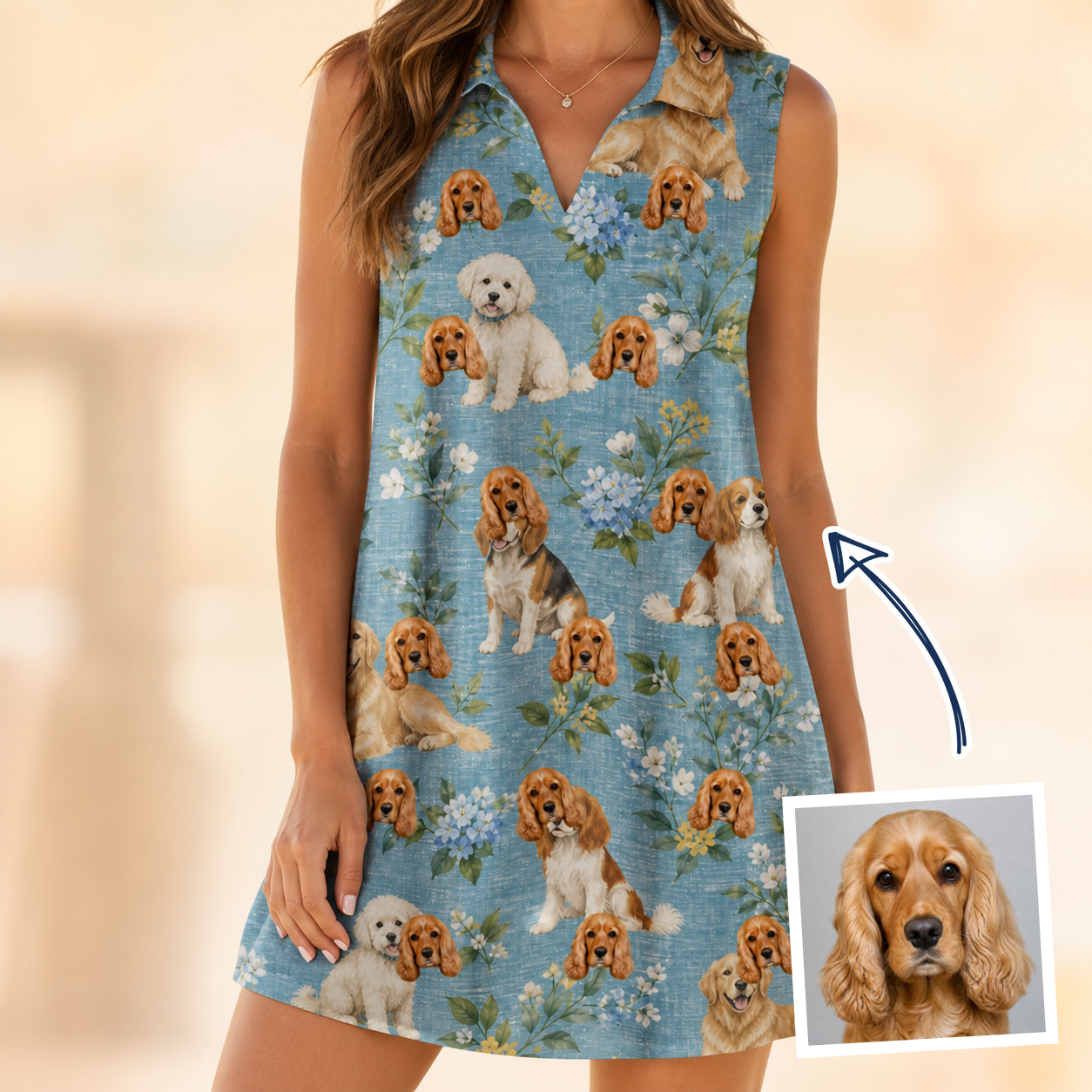 Woman wearing Women's Doggone Doodles Custom Dog Face V-Neck Dress — custom faces printed all-over