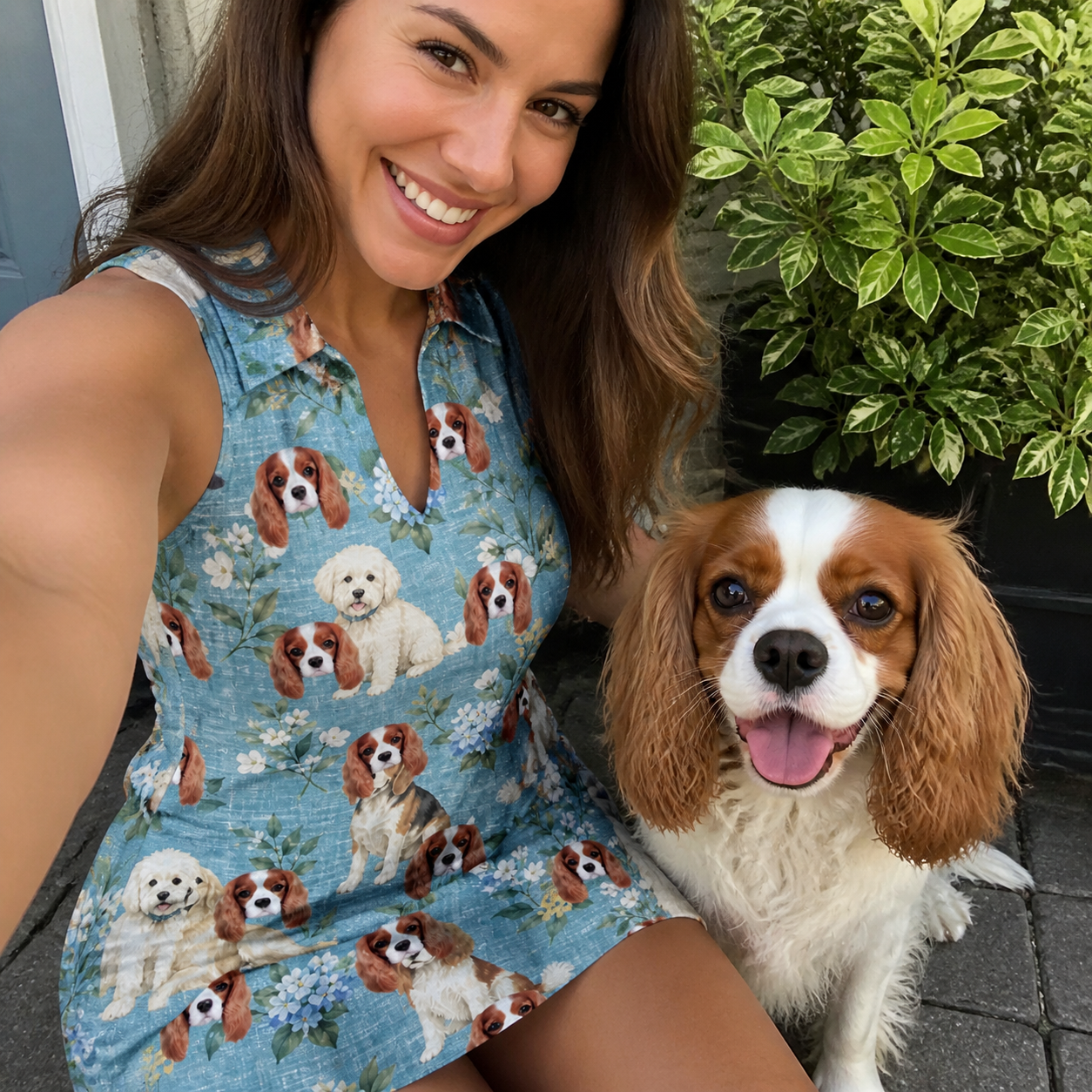 Selfie with the pet whose face is printed all over this Women's Doggone Doodles Custom Dog Face V-Neck Dress