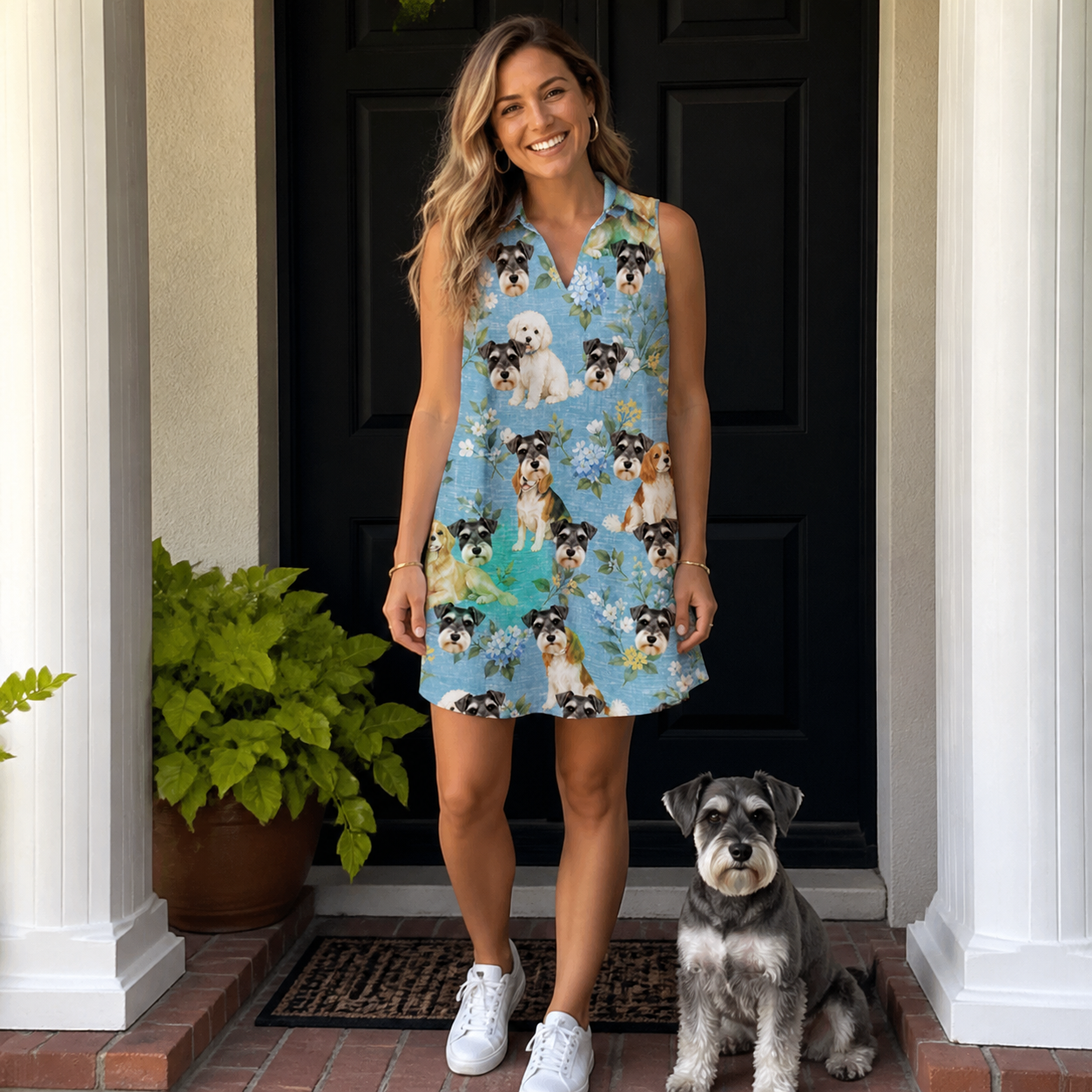 Full-length photo with the pet printed all over this Women's Doggone Doodles Custom Dog Face V-Neck Dress