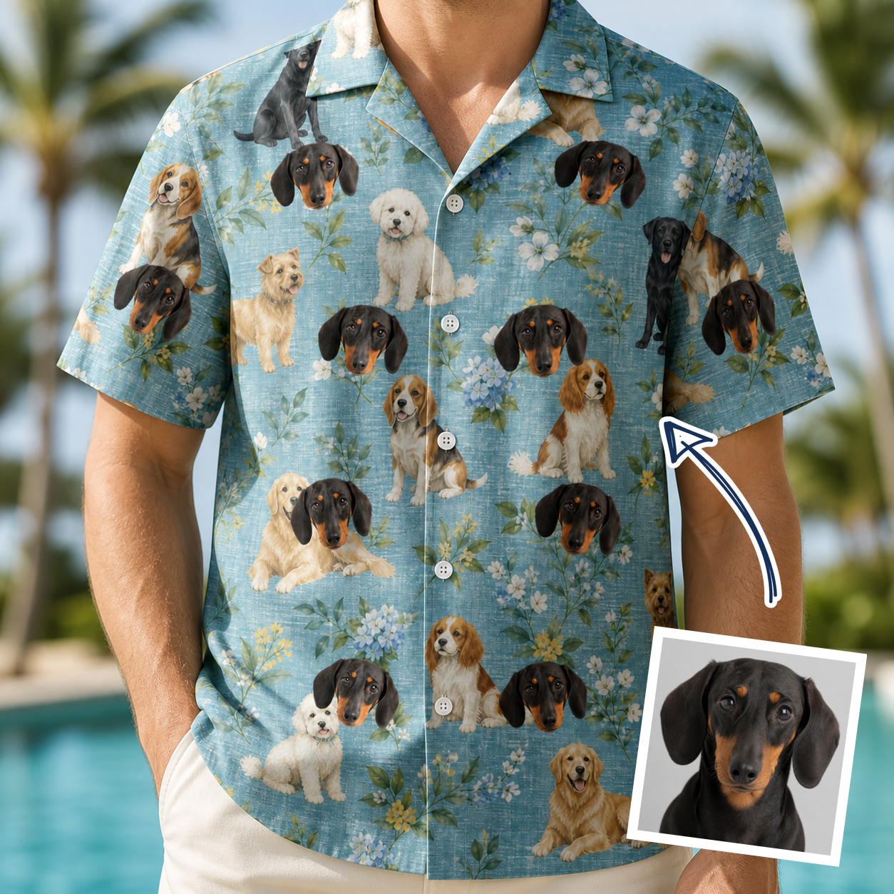 Man wearing Men's Doggone Doodles Custom Dog Face Hawaiian Shirt — custom faces printed all-over