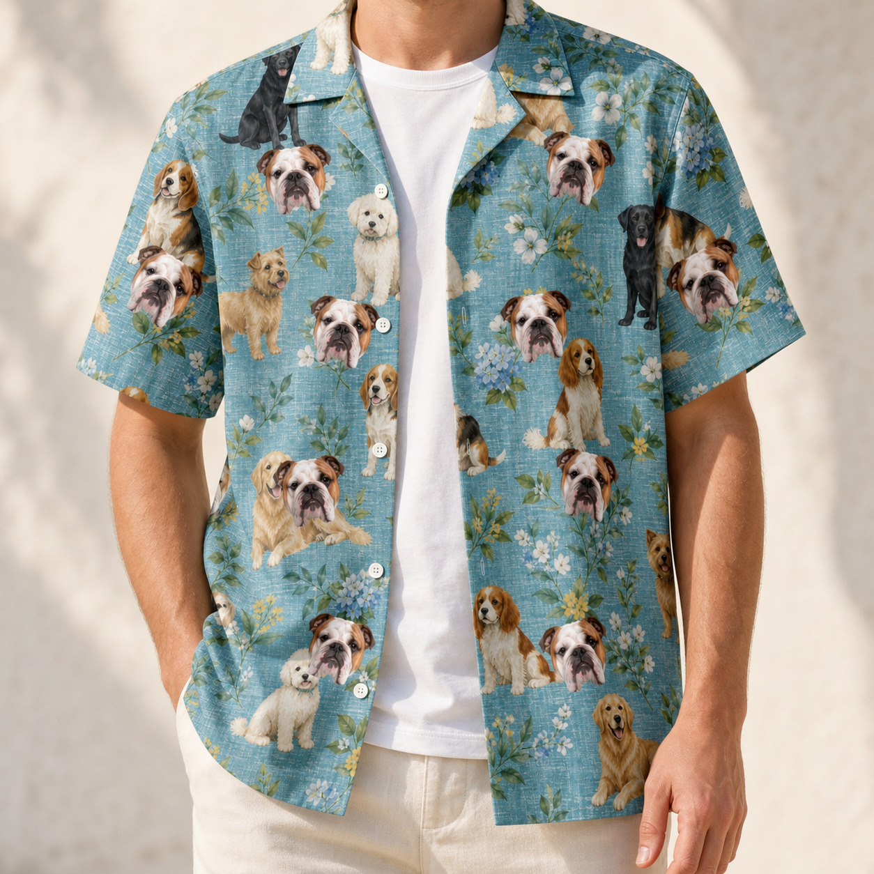 Man wearing Men's Doggone Doodles Custom Dog Face Hawaiian Shirt open over a white tee