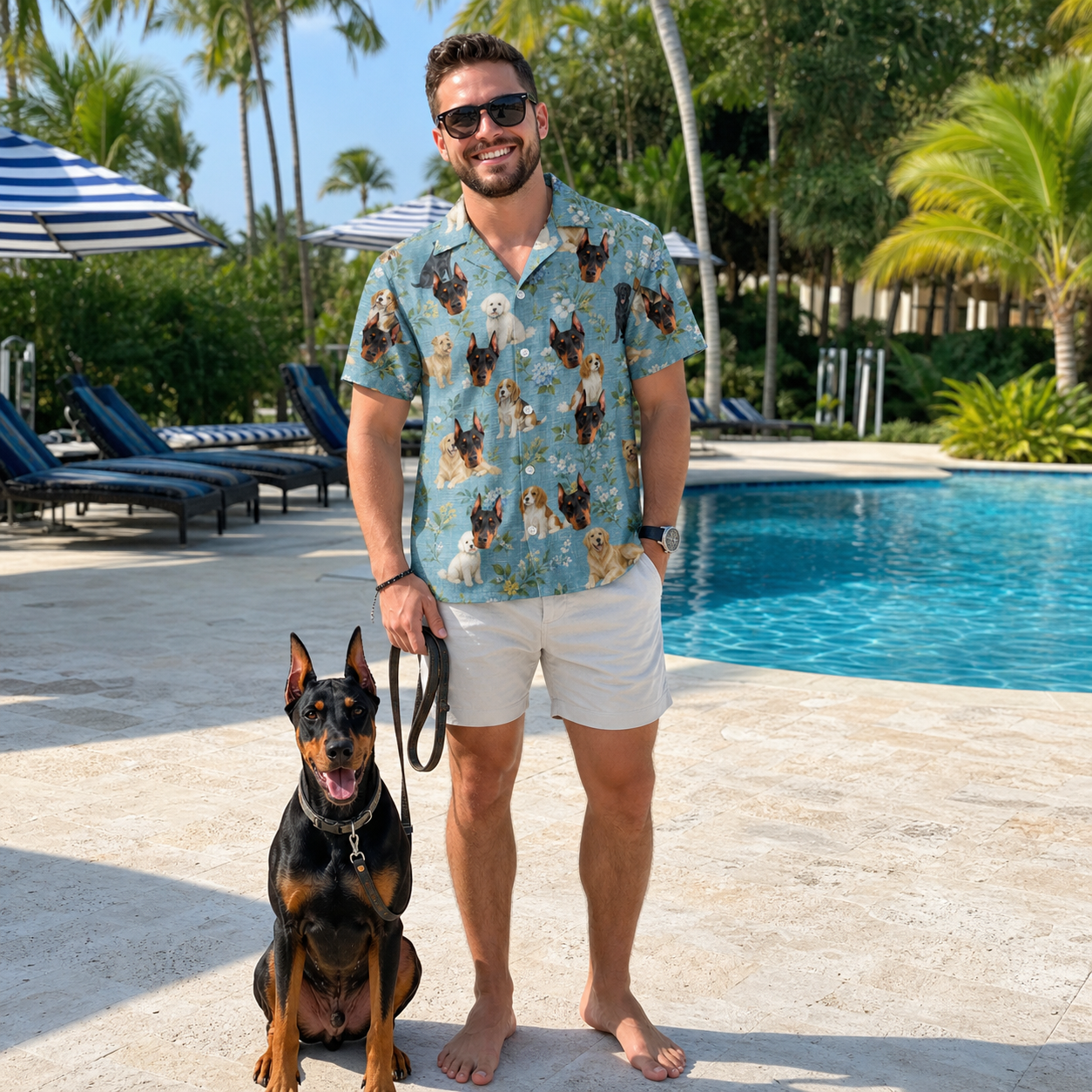 Full-length photo with the pet printed all over this Men's Doggone Doodles Custom Dog Face Hawaiian Shirt
