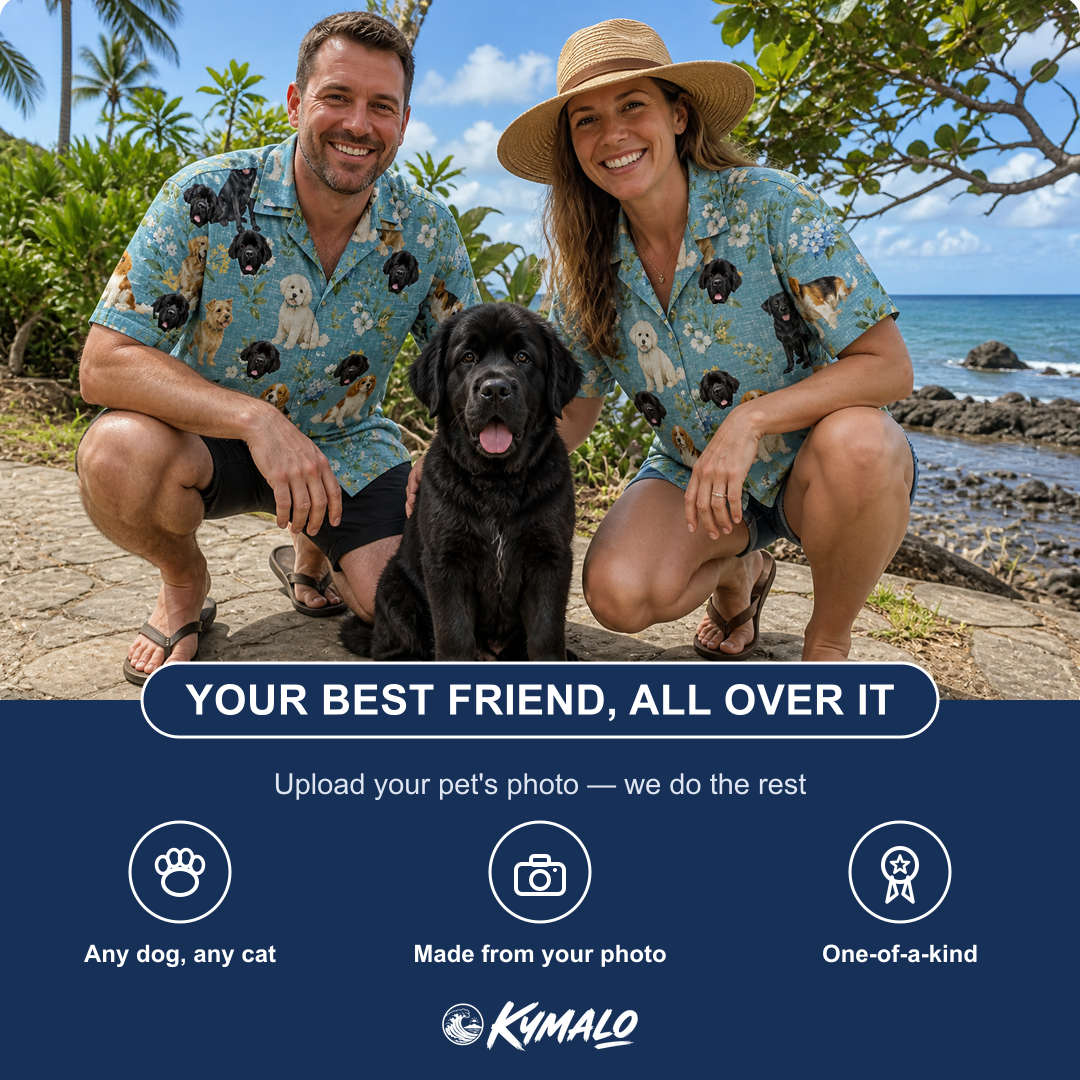 Friends in matching Men's Doggone Doodles Custom Dog Face Hawaiian Shirt — a group gift photo