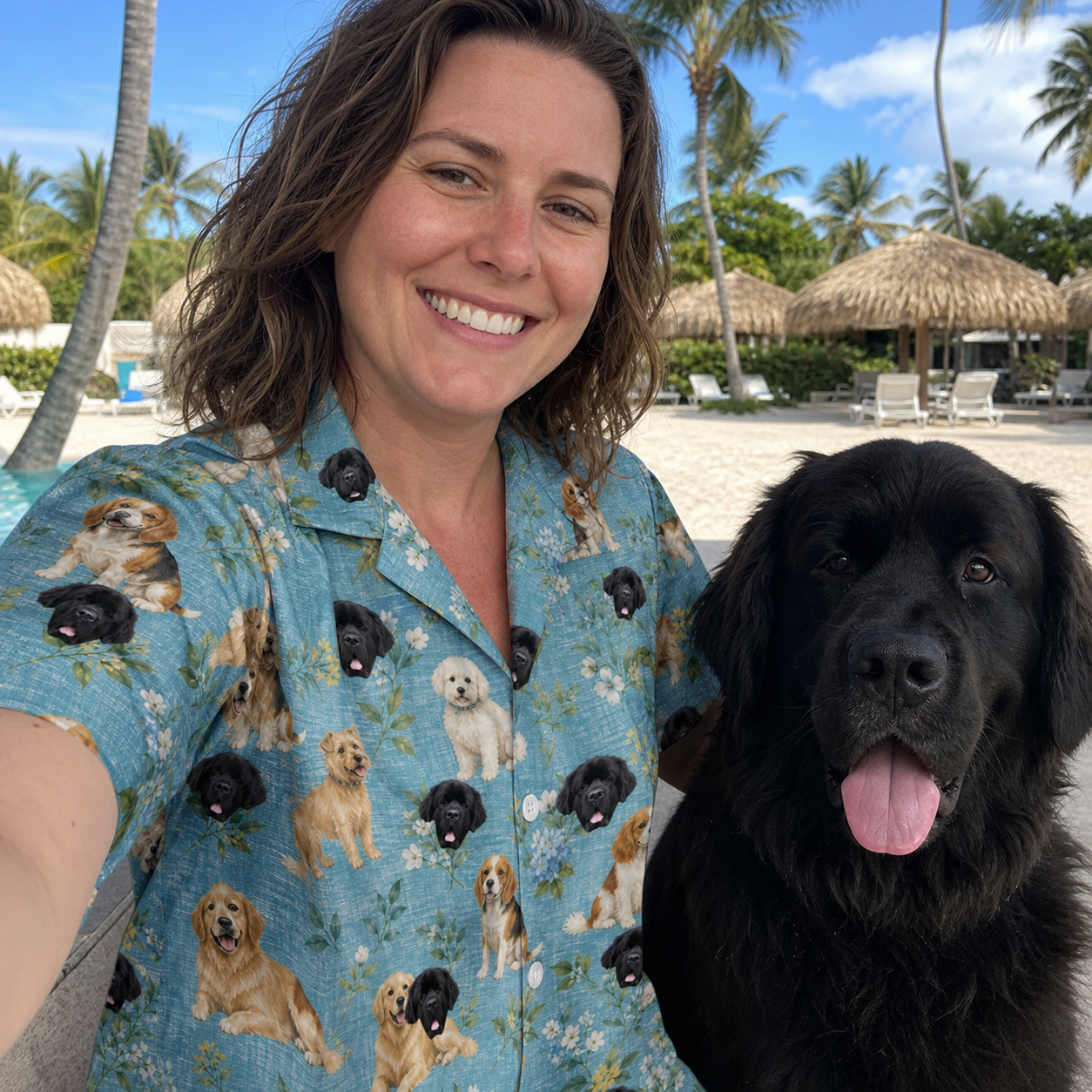 Selfie with the pet whose face is printed all over this Women's Doggone Doodles Custom Dog Face Hawaiian Shirt
