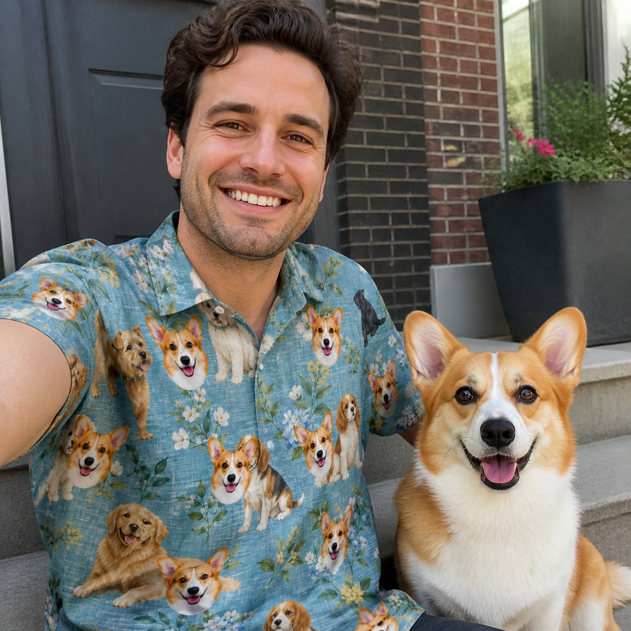 Selfie with the pet whose face is printed all over this Men's Doggone Doodles Custom Dog Face Polo Shirt