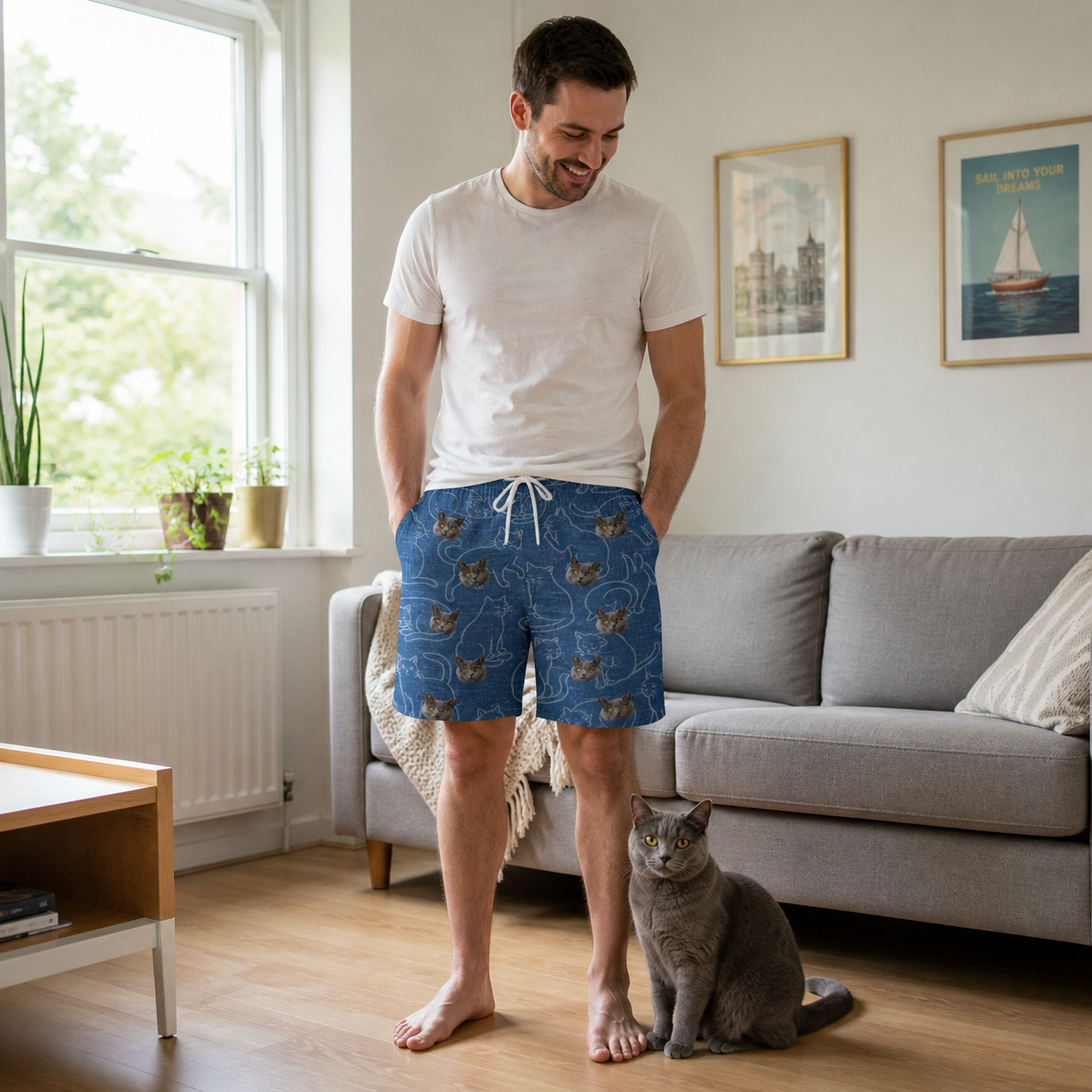 Full-length photo with the pet printed all over this Men's Mittens Mingle Custom Cat Face Beach Shorts