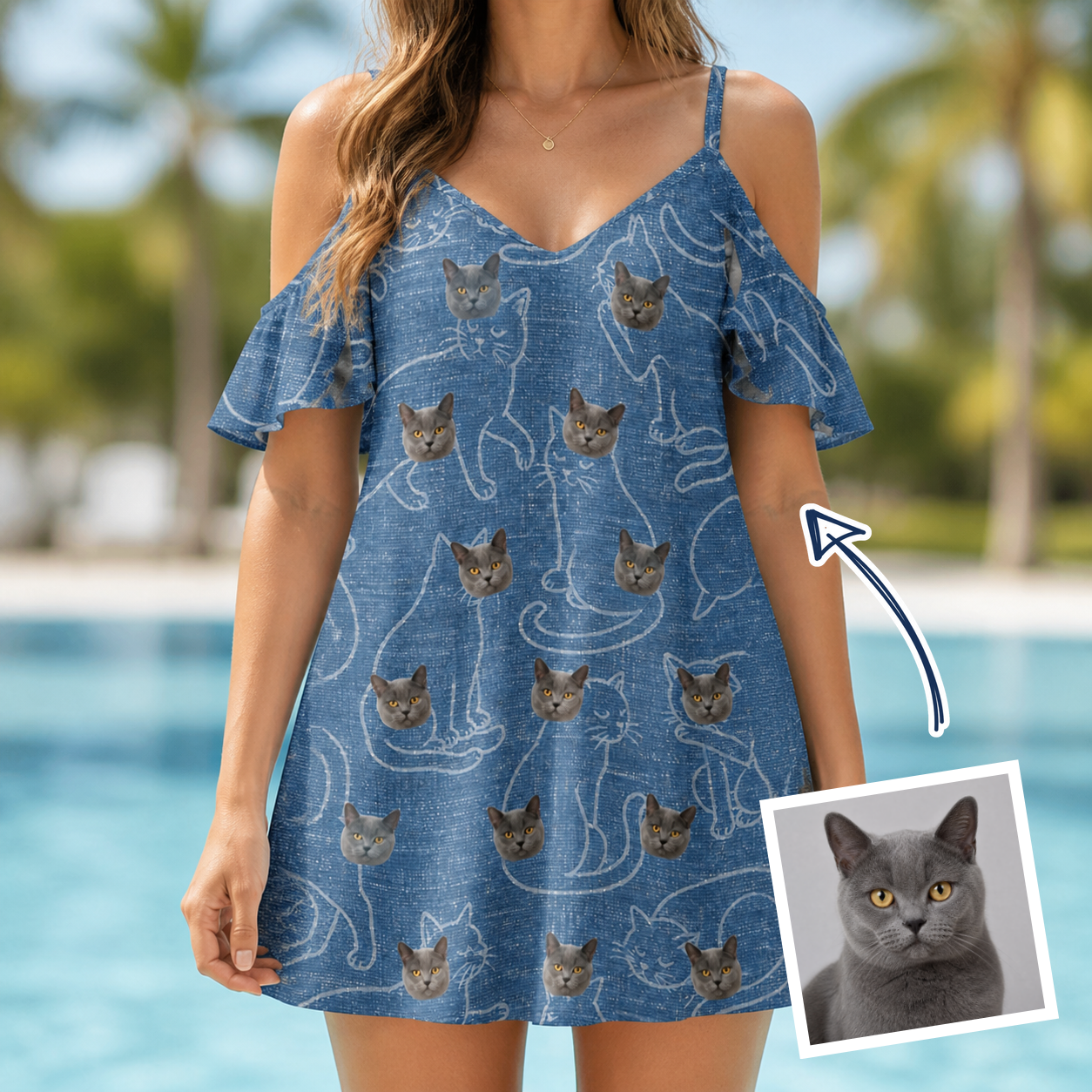Woman wearing Women's Mittens Mingle Custom Cat Face Off-Shoulder Dress — custom faces printed all-over