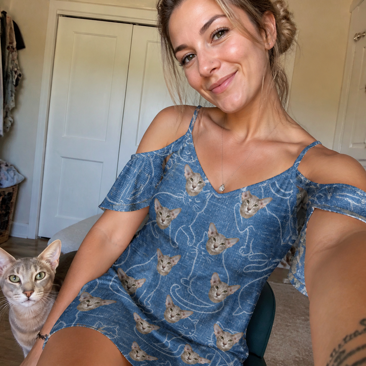 Selfie with the pet whose face is printed all over this Women's Mittens Mingle Custom Cat Face Off-Shoulder Dress