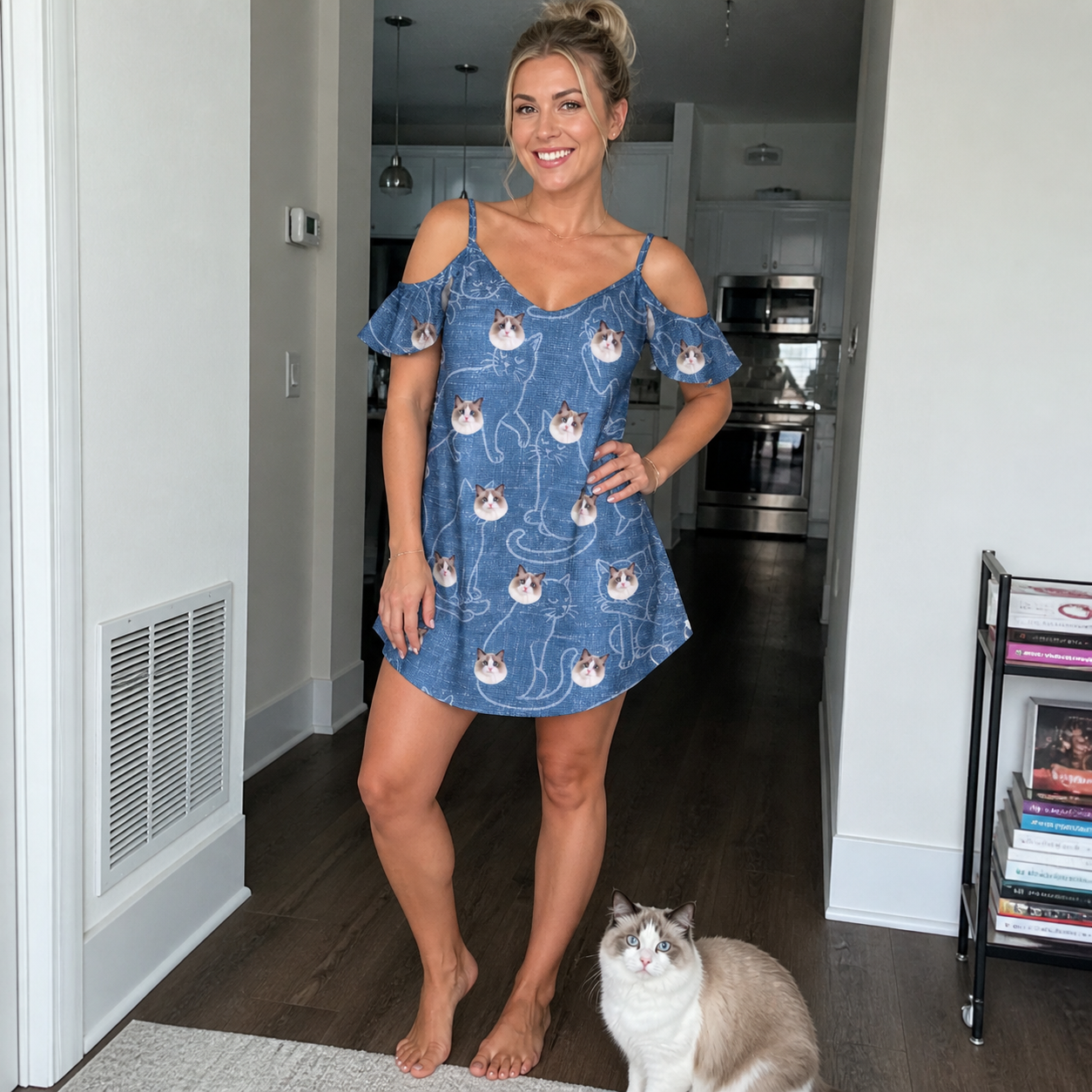 Full-length photo with the pet printed all over this Women's Mittens Mingle Custom Cat Face Off-Shoulder Dress