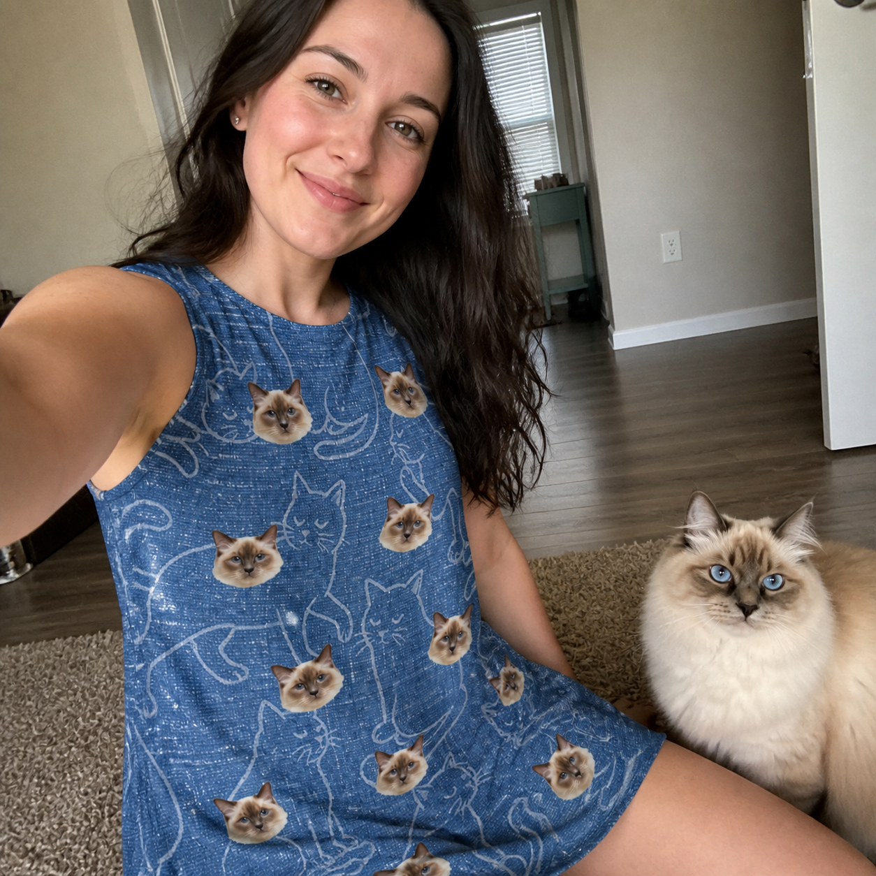 Selfie with the pet whose face is printed all over this Women's Mittens Mingle Custom Cat Face Tank Dress