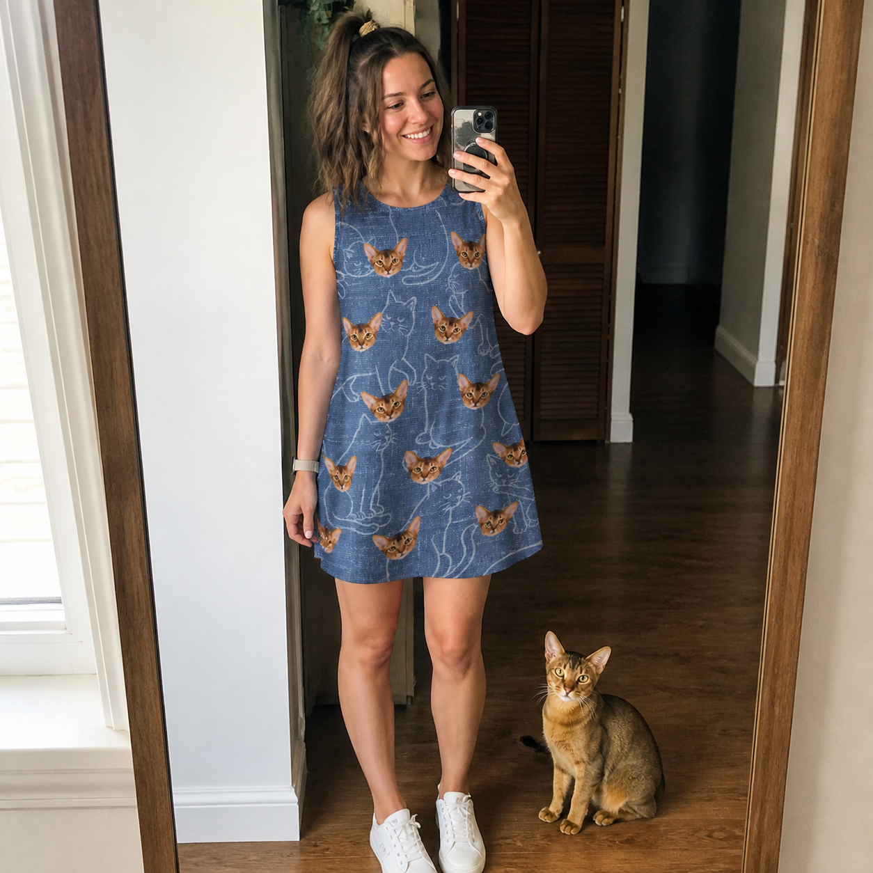 Full-length photo with the pet printed all over this Women's Mittens Mingle Custom Cat Face Tank Dress