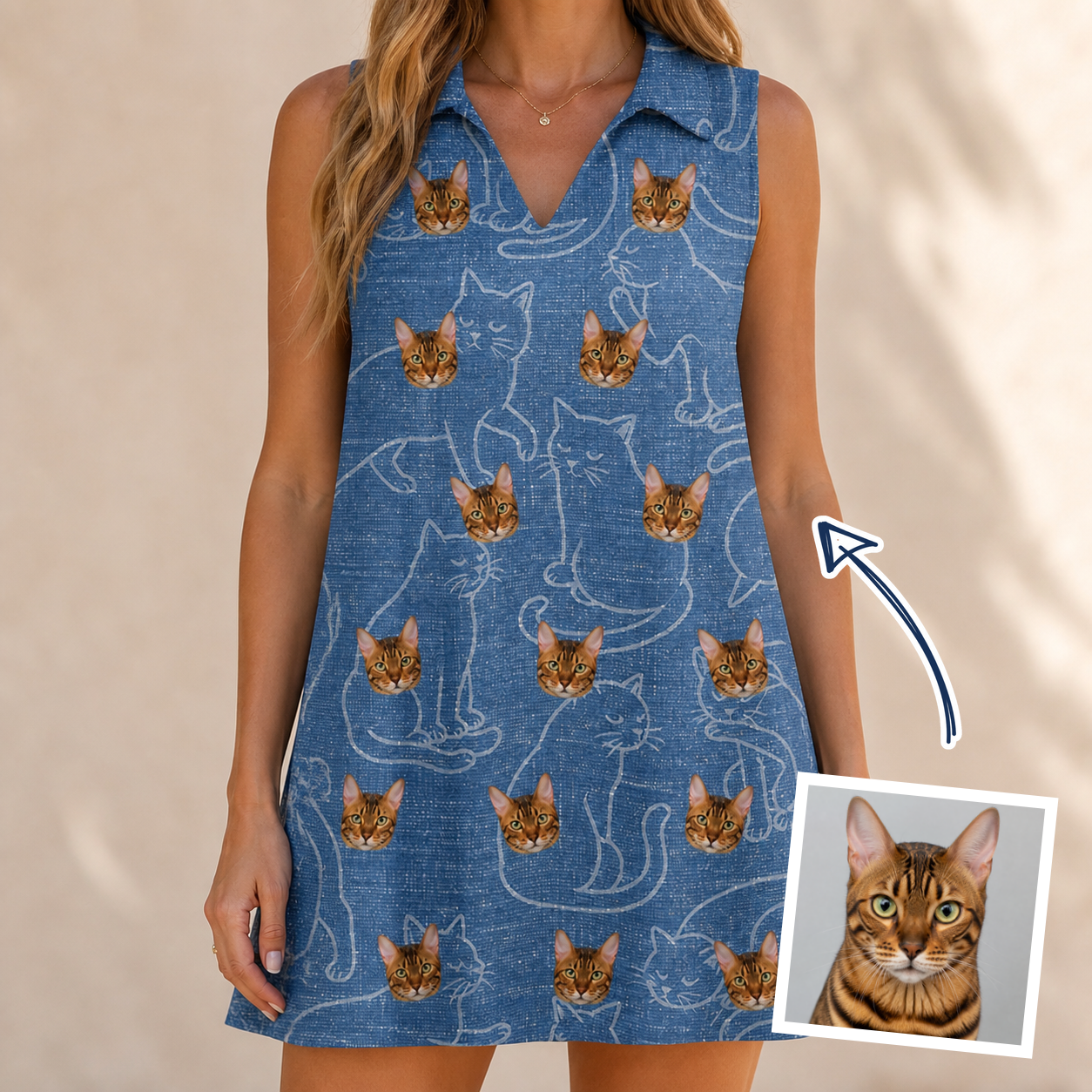 Woman wearing Women's Mittens Mingle Custom Cat Face V-Neck Dress — custom faces printed all-over