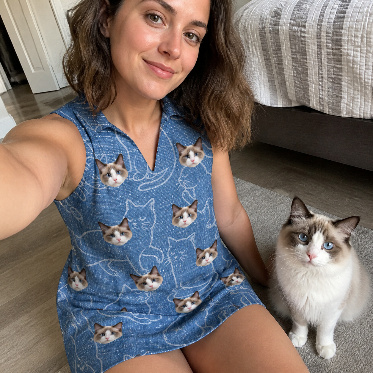 Selfie with the pet whose face is printed all over this Women's Mittens Mingle Custom Cat Face V-Neck Dress