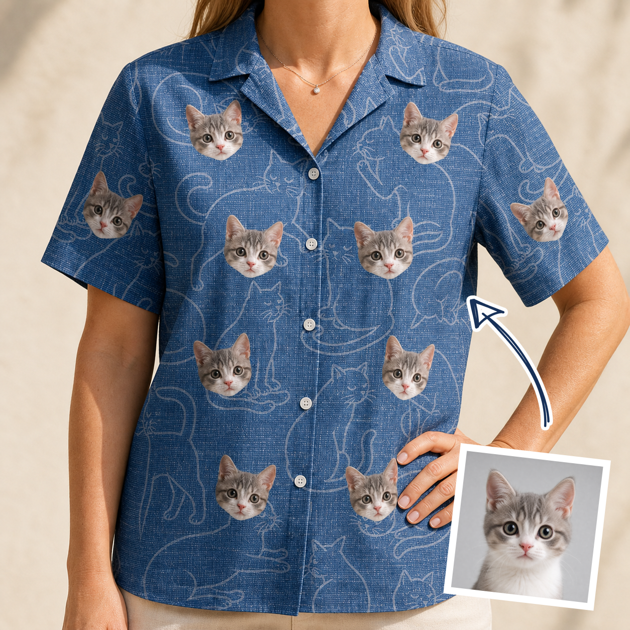 Woman wearing Women's Mittens Mingle Custom Cat Face Hawaiian Shirt — custom faces printed all-over