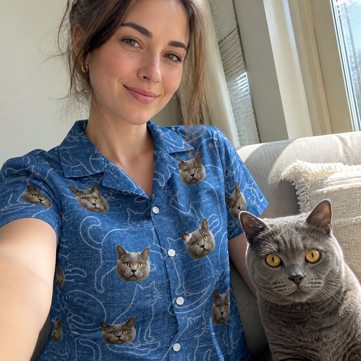 Selfie with the pet whose face is printed all over this Women's Mittens Mingle Custom Cat Face Hawaiian Shirt