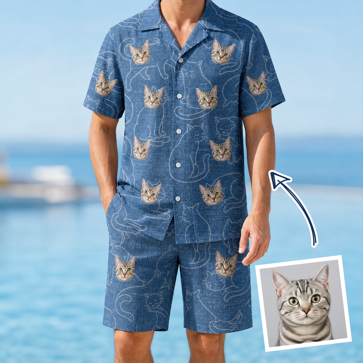 Man wearing Men's Mittens Mingle Custom Cat Face Shirt & Shorts Set — custom faces printed all-over