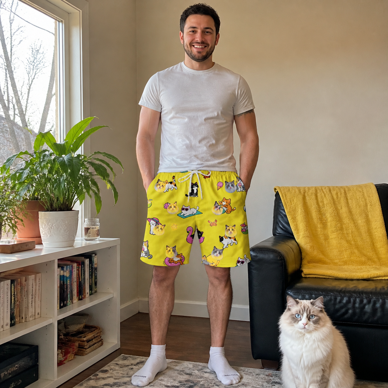 Full-length photo with the pet printed all over this Men's Velvet Nuzzles Custom Cat Face Beach Shorts