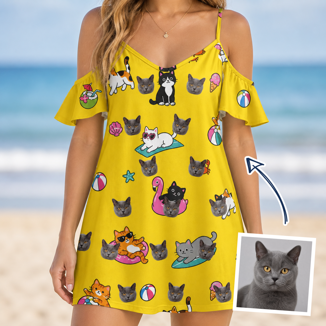 Woman wearing Women's Velvet Nuzzles Custom Cat Face Off-Shoulder Dress — custom faces printed all-over