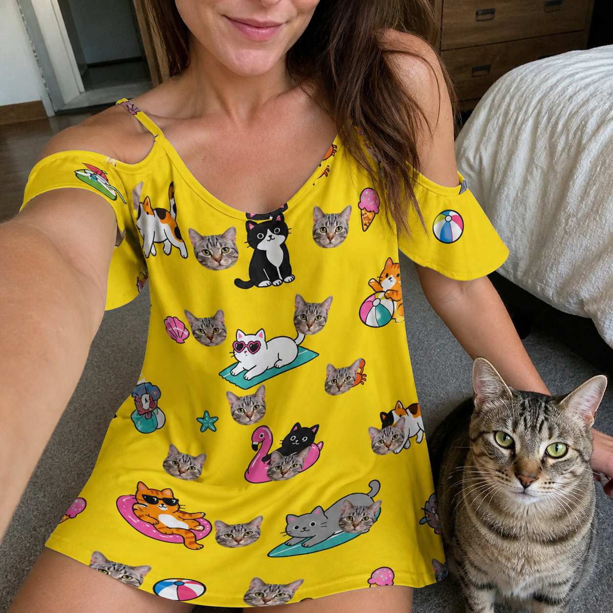Selfie with the pet whose face is printed all over this Women's Velvet Nuzzles Custom Cat Face Off-Shoulder Dress