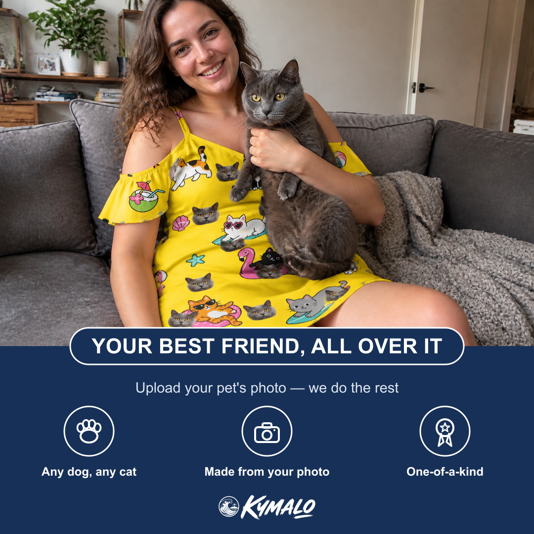 Friends in matching Women's Velvet Nuzzles Custom Cat Face Off-Shoulder Dress — a group gift photo