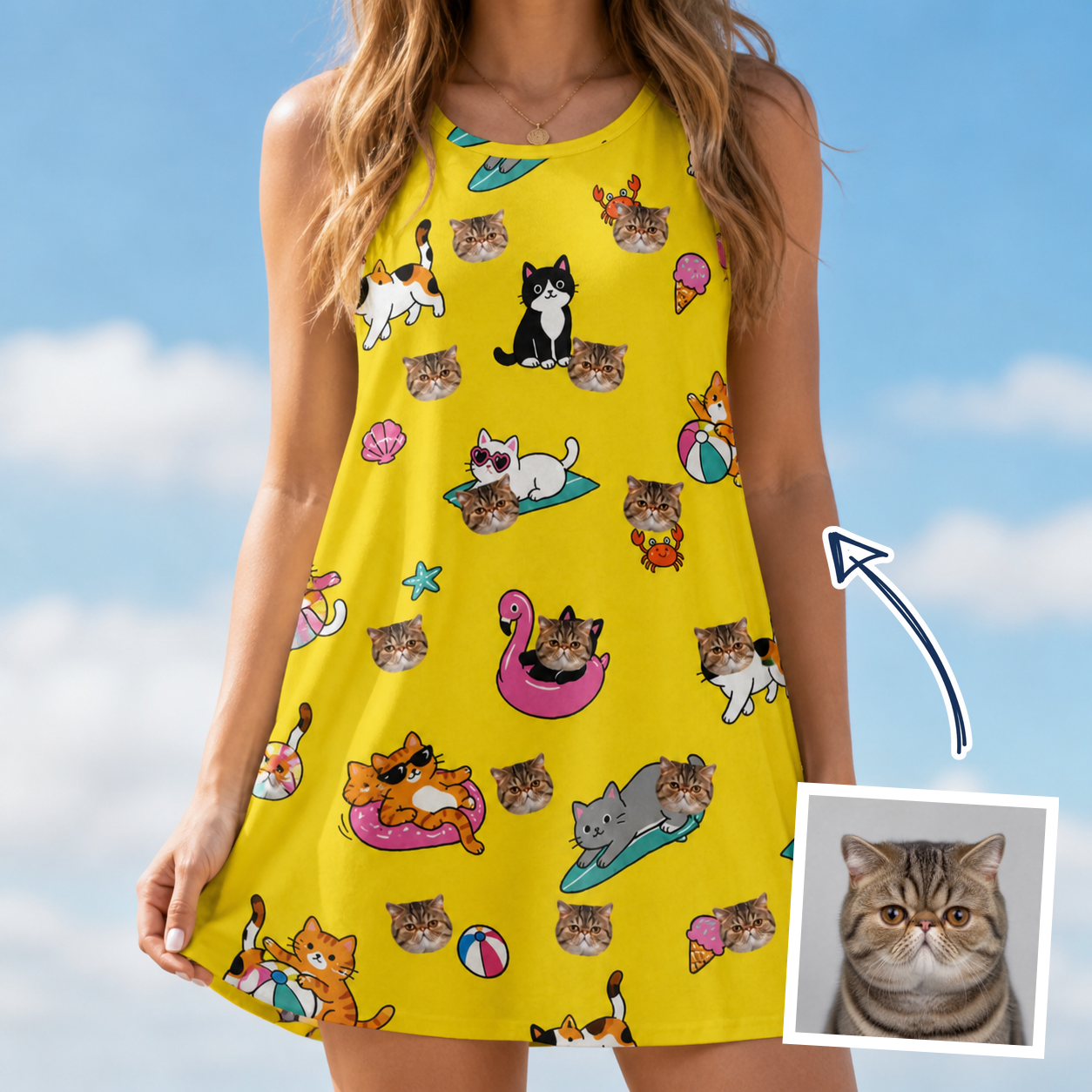Woman wearing Women's Velvet Nuzzles Custom Cat Face Tank Dress — custom faces printed all-over