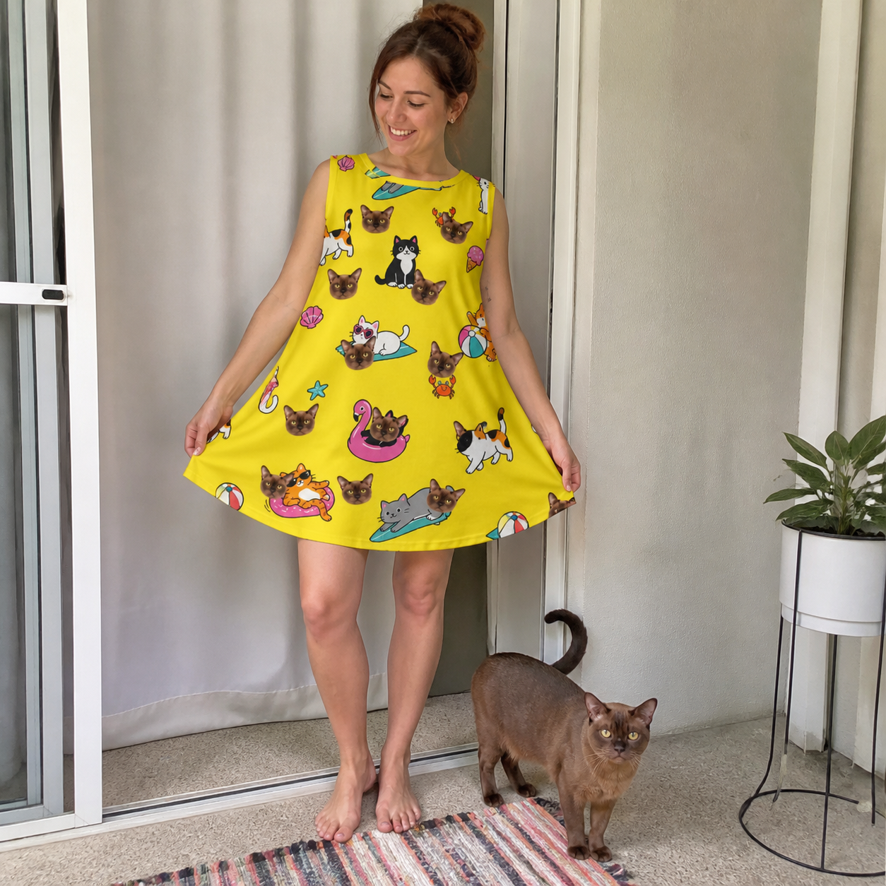 Full-length photo with the pet printed all over this Women's Velvet Nuzzles Custom Cat Face Tank Dress