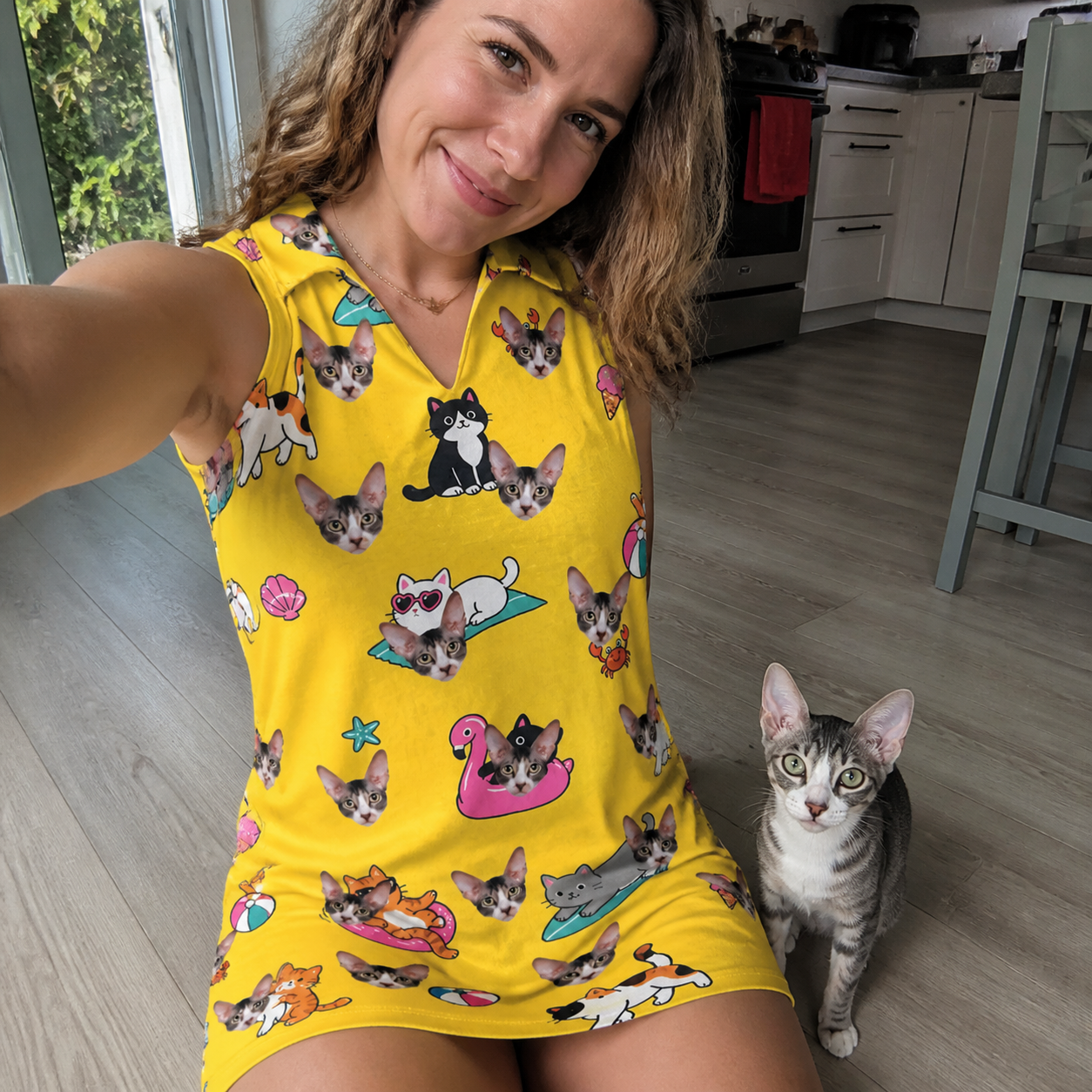 Selfie with the pet whose face is printed all over this Women's Velvet Nuzzles Custom Cat Face V-Neck Dress