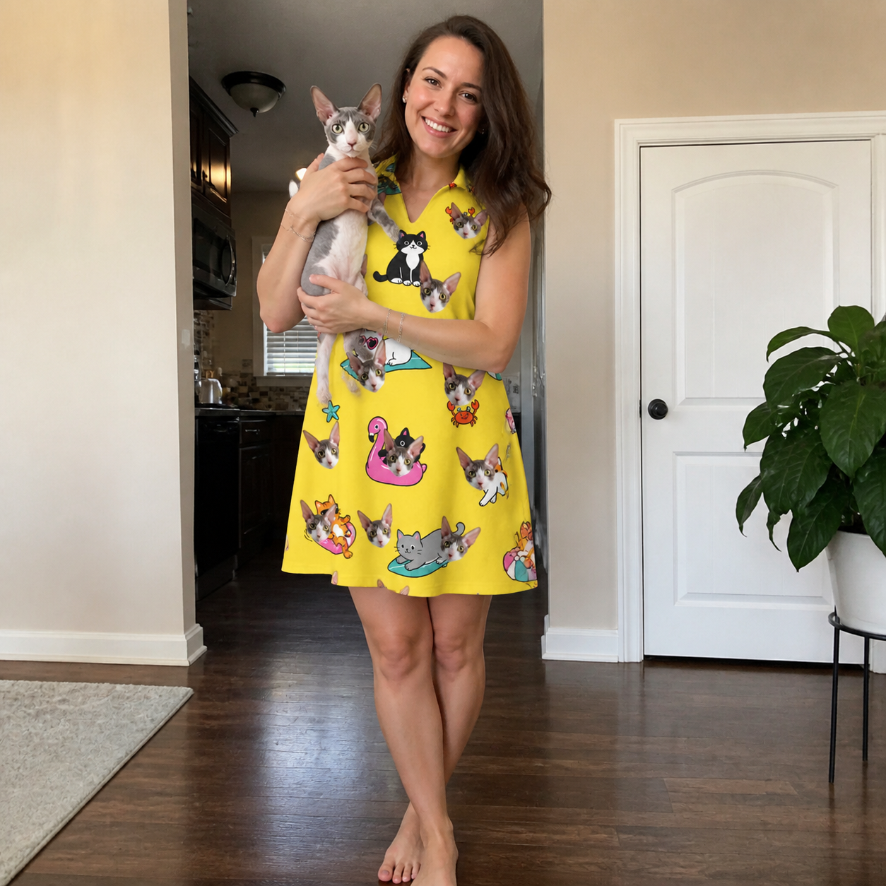 Full-length photo with the pet printed all over this Women's Velvet Nuzzles Custom Cat Face V-Neck Dress