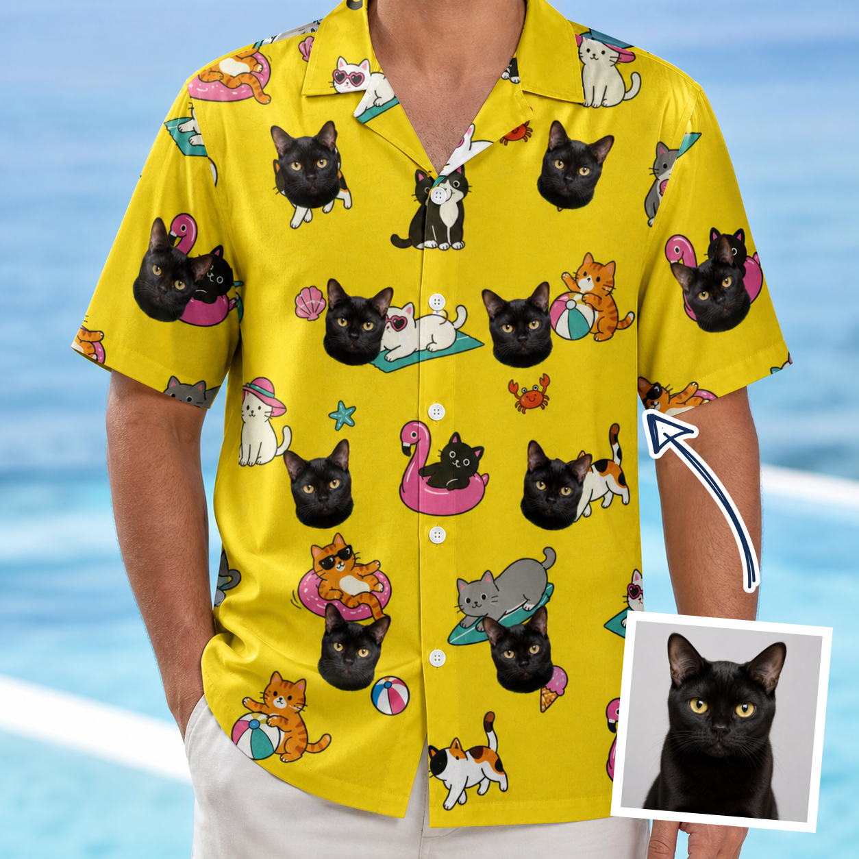 Man wearing Men's Velvet Nuzzles Custom Cat Face Hawaiian Shirt — custom faces printed all-over