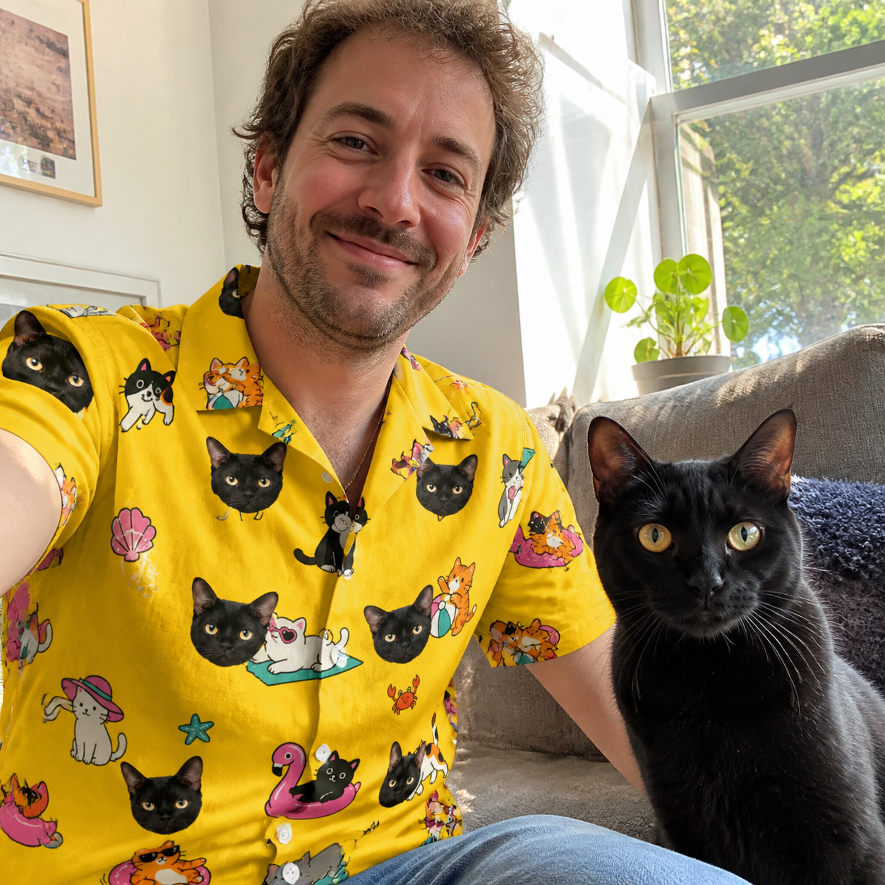 Selfie with the pet whose face is printed all over this Men's Velvet Nuzzles Custom Cat Face Hawaiian Shirt