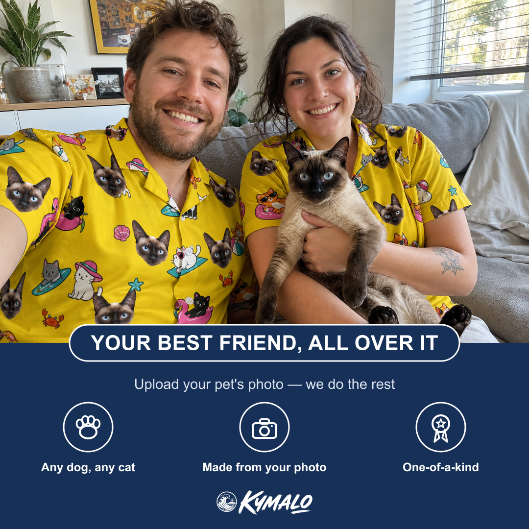 Friends in matching Men's Velvet Nuzzles Custom Cat Face Hawaiian Shirt — a group gift photo