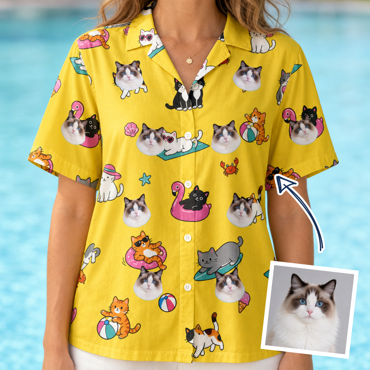 Woman wearing Women's Velvet Nuzzles Custom Cat Face Hawaiian Shirt — custom faces printed all-over