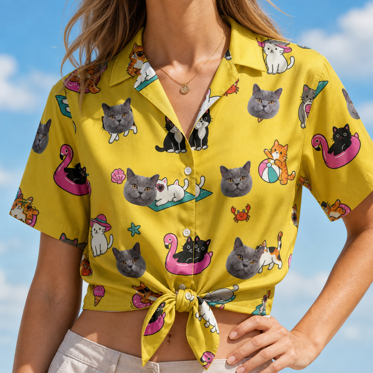 Woman wearing Women's Velvet Nuzzles Custom Cat Face Hawaiian Shirt tied at the waist