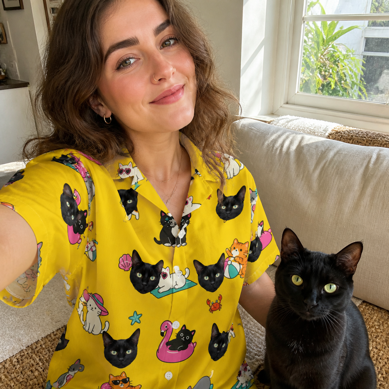 Selfie with the pet whose face is printed all over this Women's Velvet Nuzzles Custom Cat Face Hawaiian Shirt