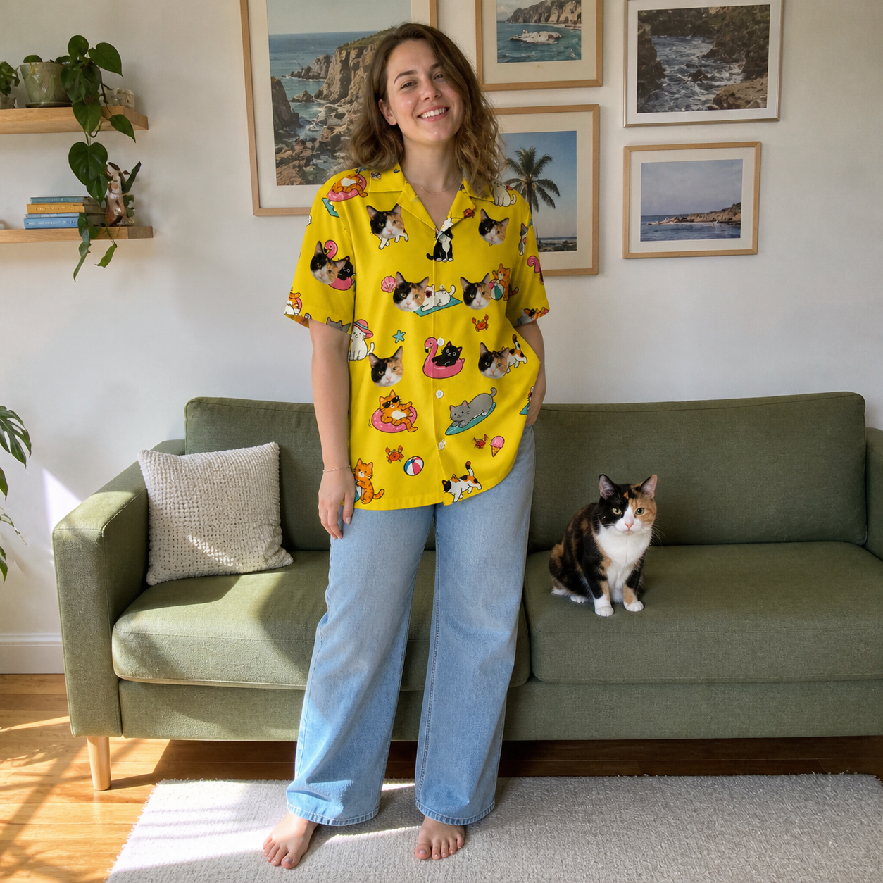 Full-length photo with the pet printed all over this Women's Velvet Nuzzles Custom Cat Face Hawaiian Shirt