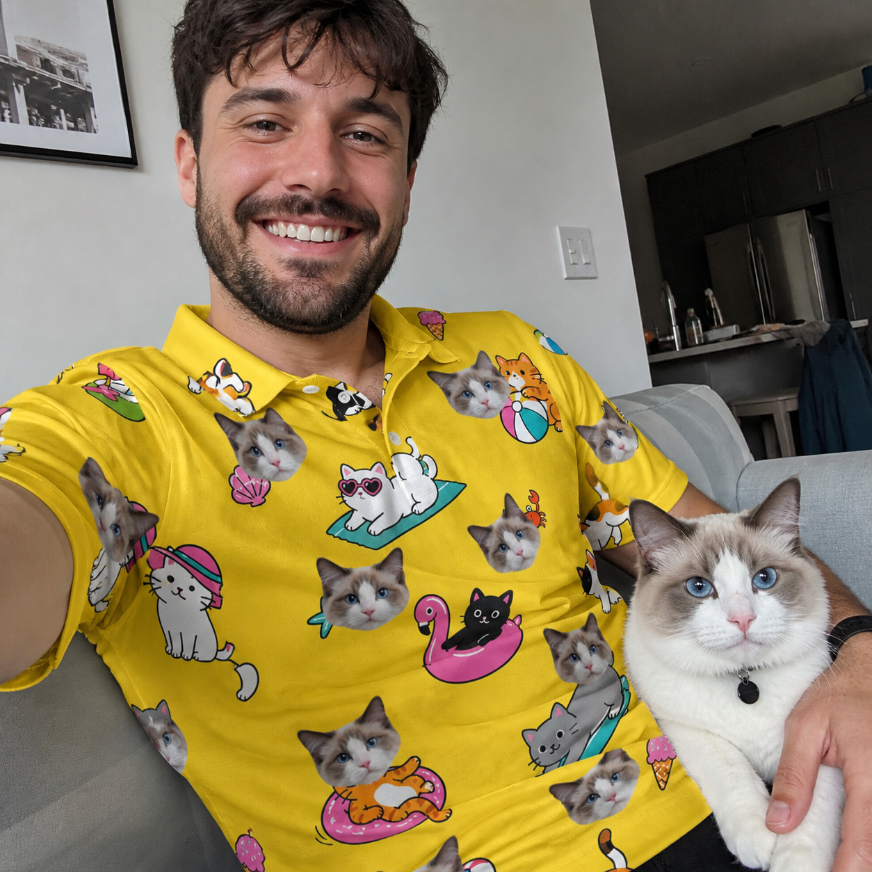 Selfie with the pet whose face is printed all over this Men's Velvet Nuzzles Custom Cat Face Polo Shirt