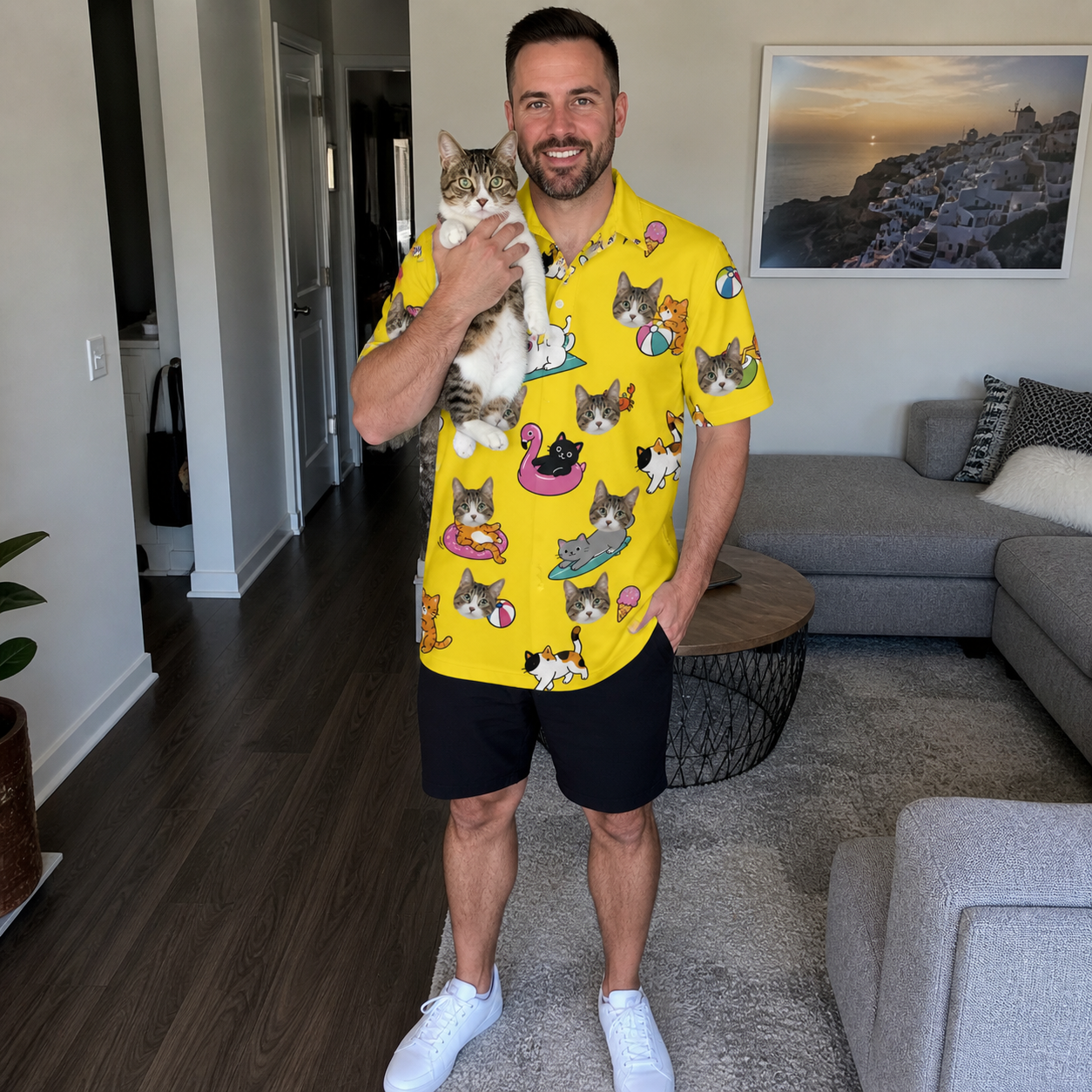 Full-length photo with the pet printed all over this Men's Velvet Nuzzles Custom Cat Face Polo Shirt