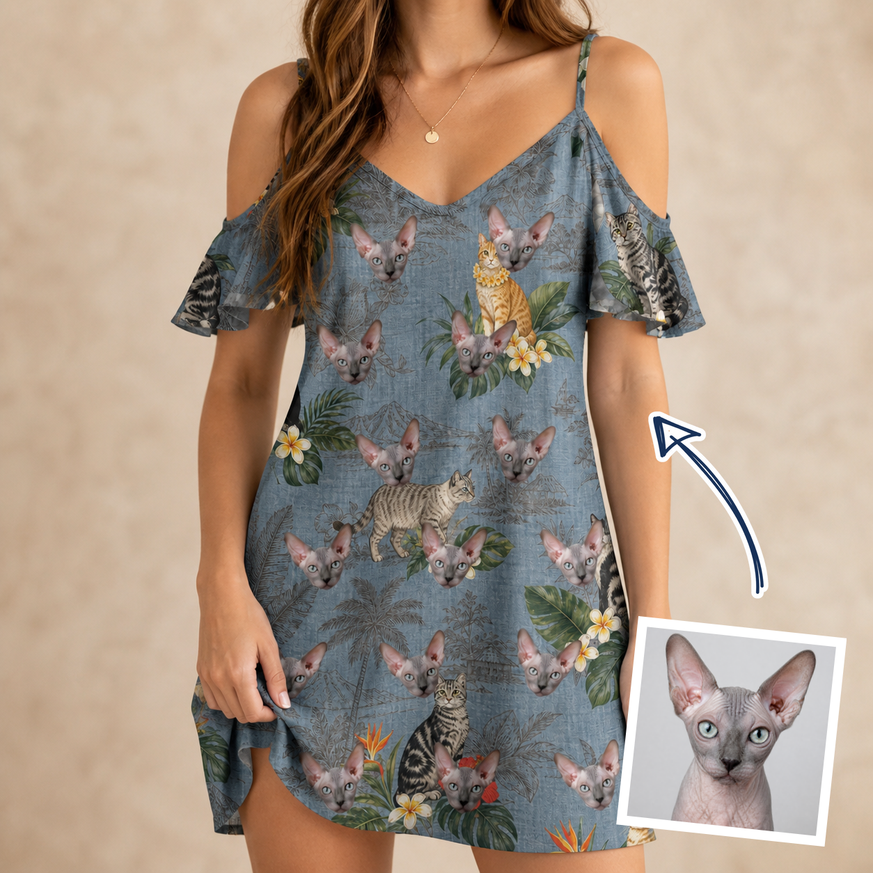 Woman wearing Women's Kitten Kaboodle Custom Cat Face Off-Shoulder Dress — custom faces printed all-over