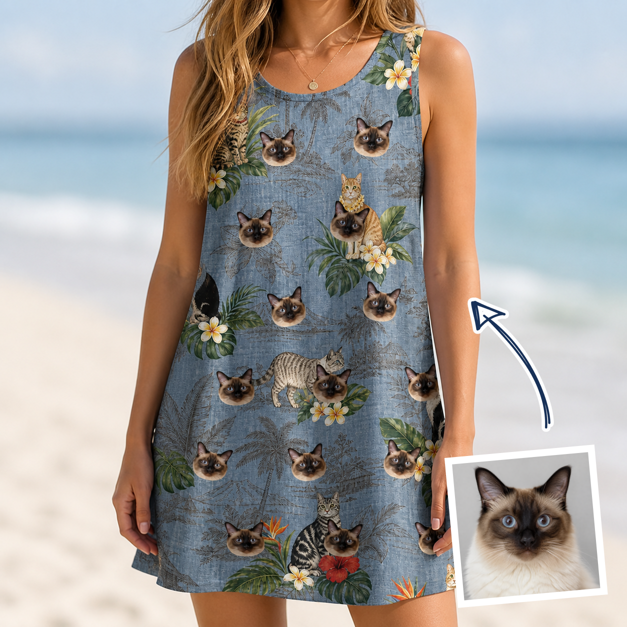 Woman wearing Women's Kitten Kaboodle Custom Cat Face Tank Dress — custom faces printed all-over